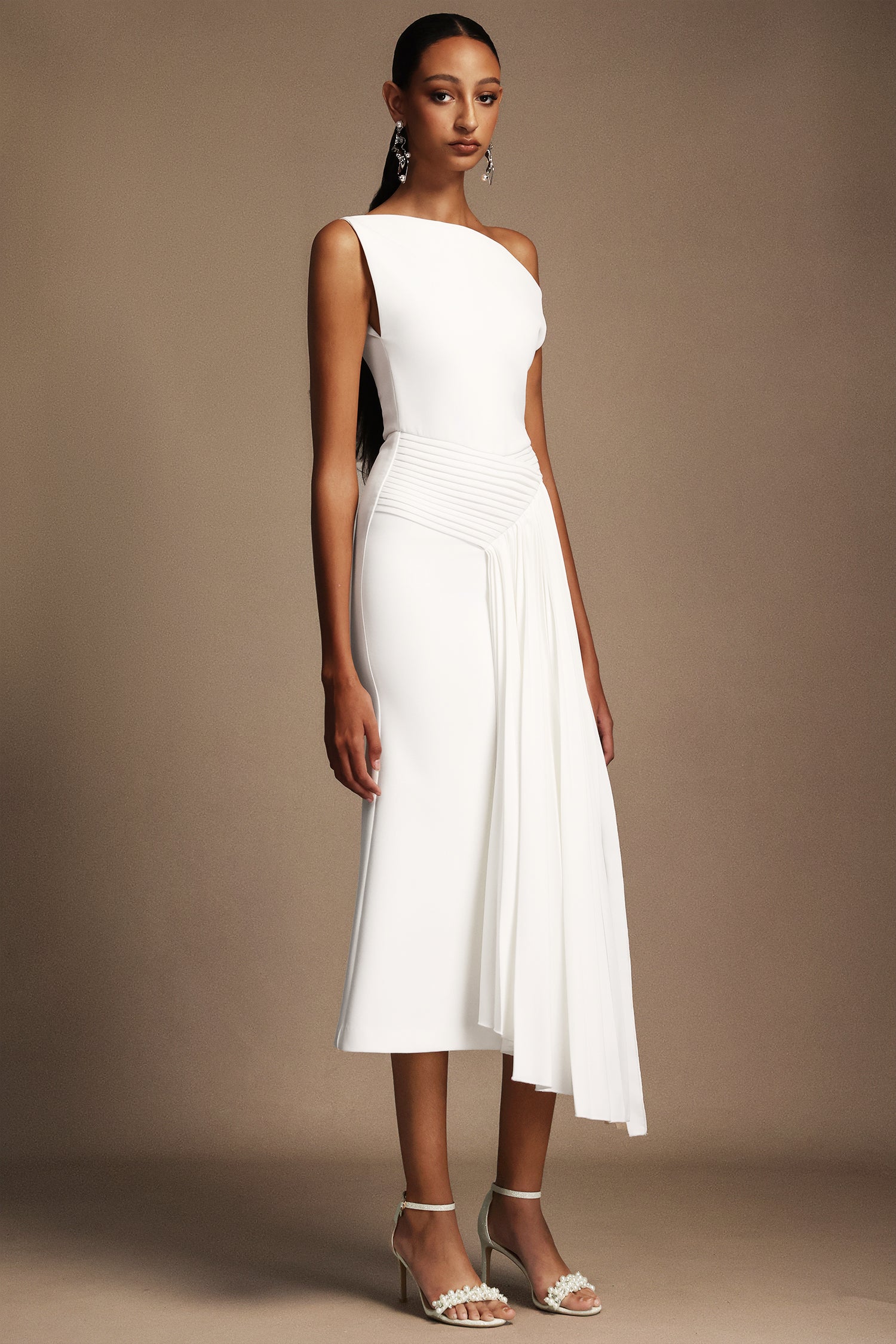 Paulina Oblique Shoulder Sleeveless Folds Midi Dress