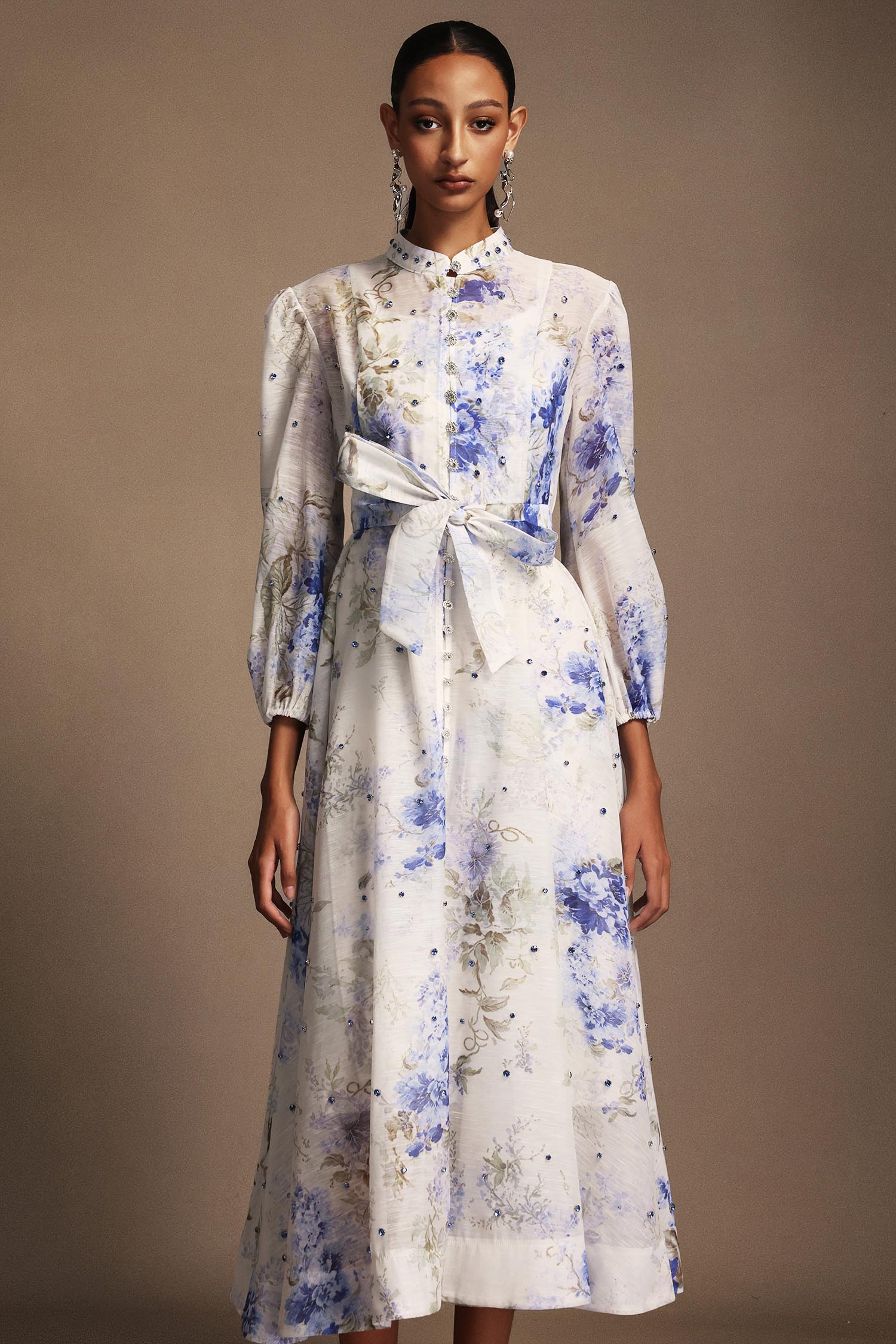 Ilsa Long Sleeves Floral Printed Diamond Midi Dress