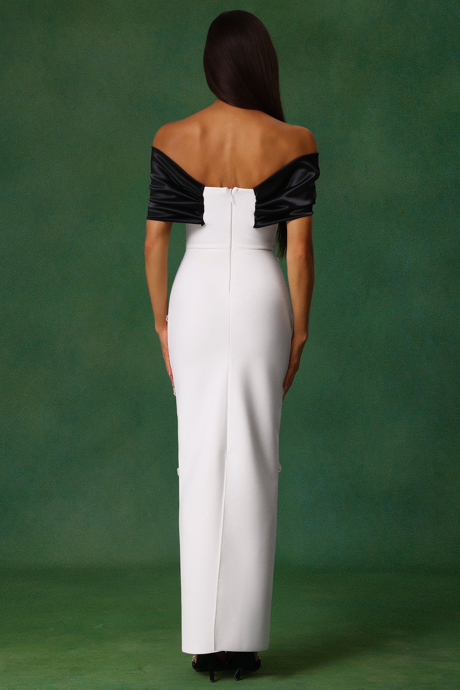 Sharla Off-The-Shoulder Diamond Bow Maxi Dress