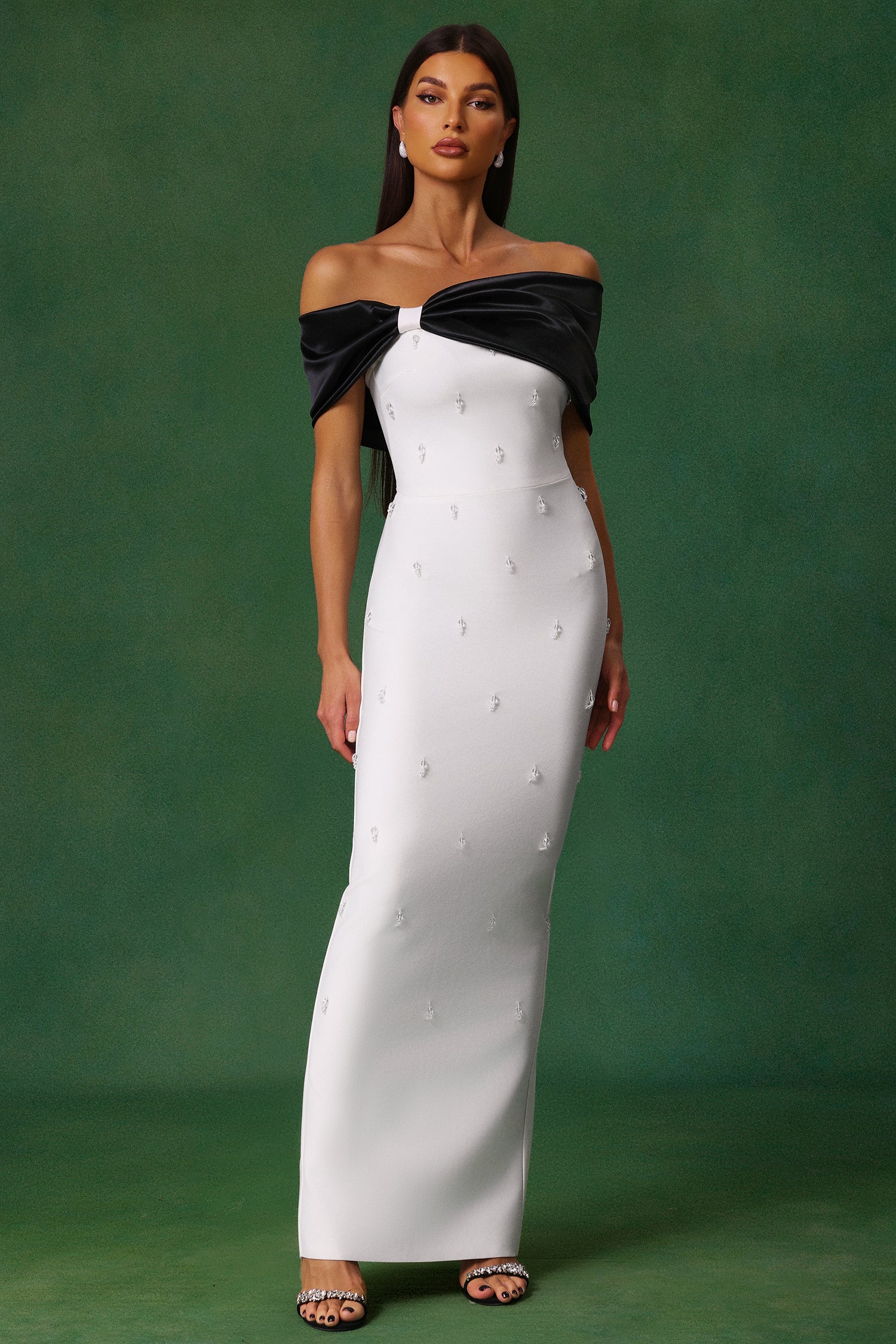 Sharla Off-The-Shoulder Diamond Bow Maxi Dress