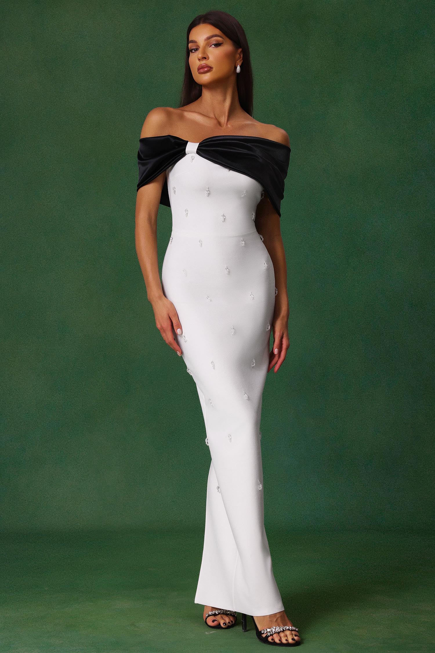 Sharla Off-The-Shoulder Diamond Bow Maxi Dress