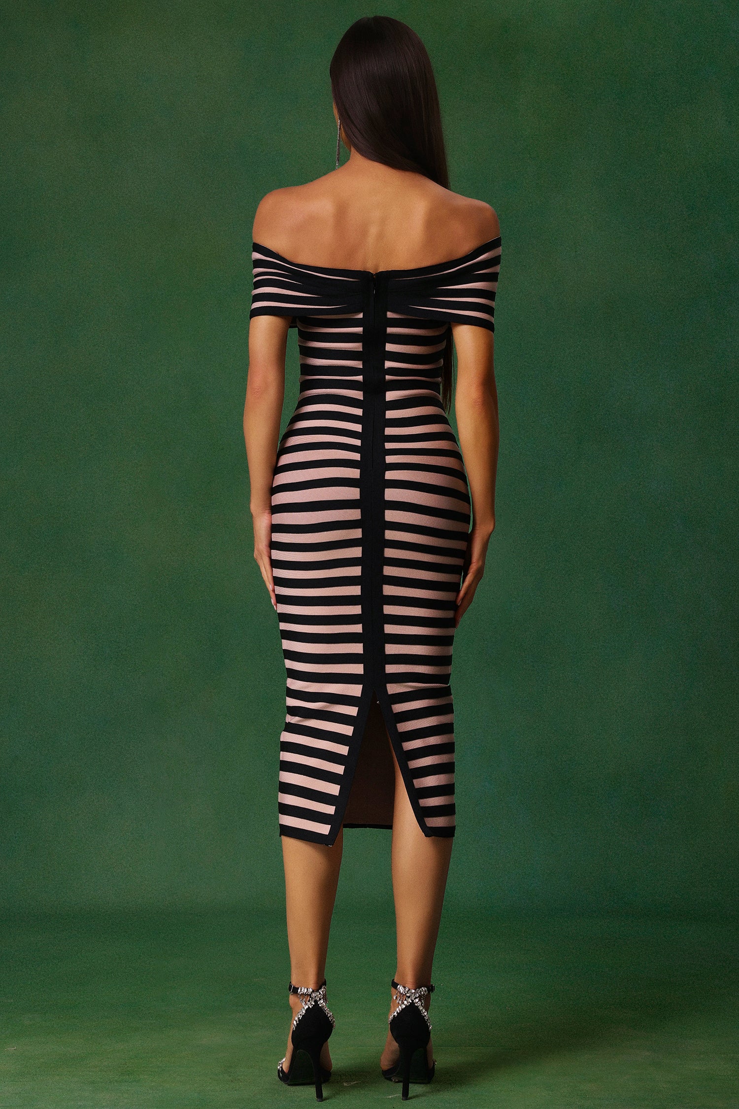 Deborah Off-The-Shoulder Stripes Bandage Midi Dress