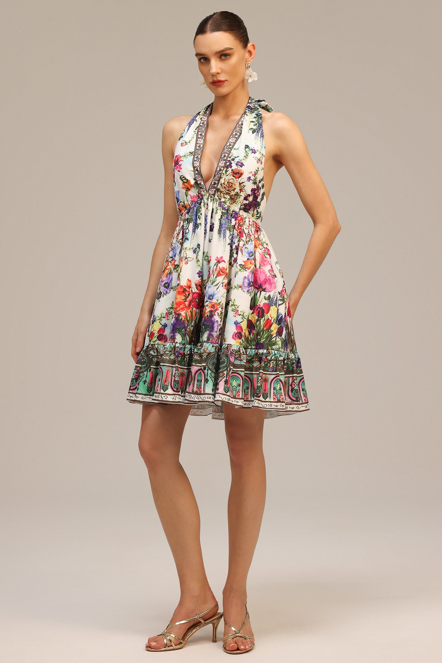 Emier V-neck Floral Printed Mini Dress