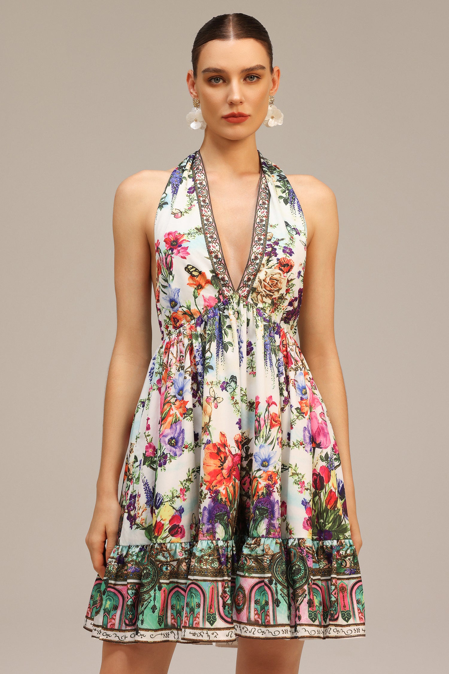 Emier V-neck Floral Printed Mini Dress