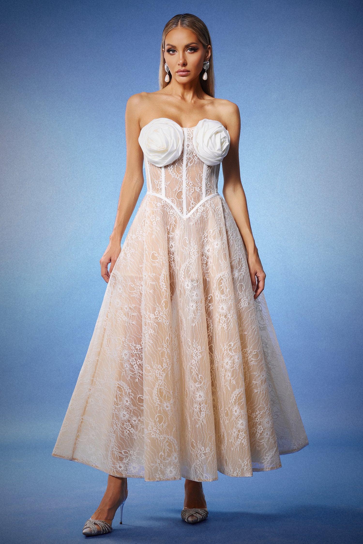 Kolia Flowers Lace Strapless Maxi Dress