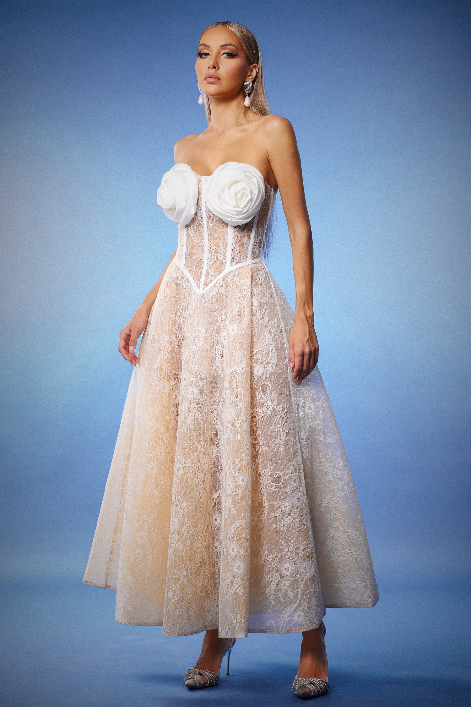 Kolia Flowers Lace Strapless Maxi Dress