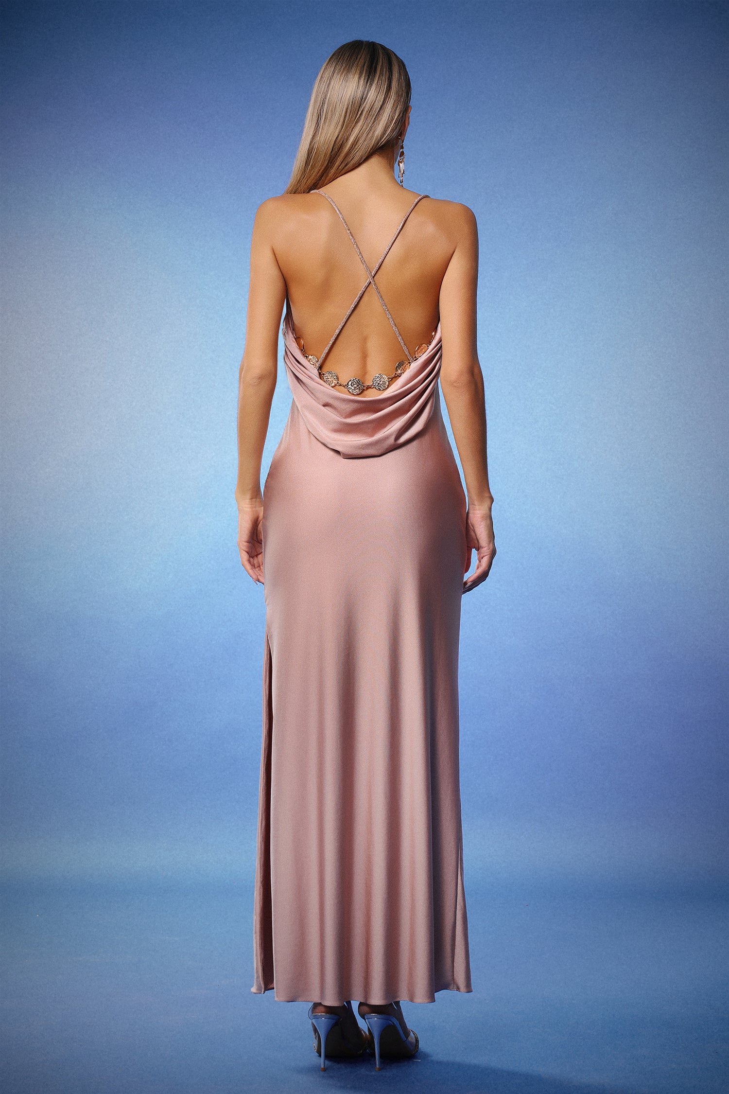 Hazada Backless Metal Diamond Maxi Dress