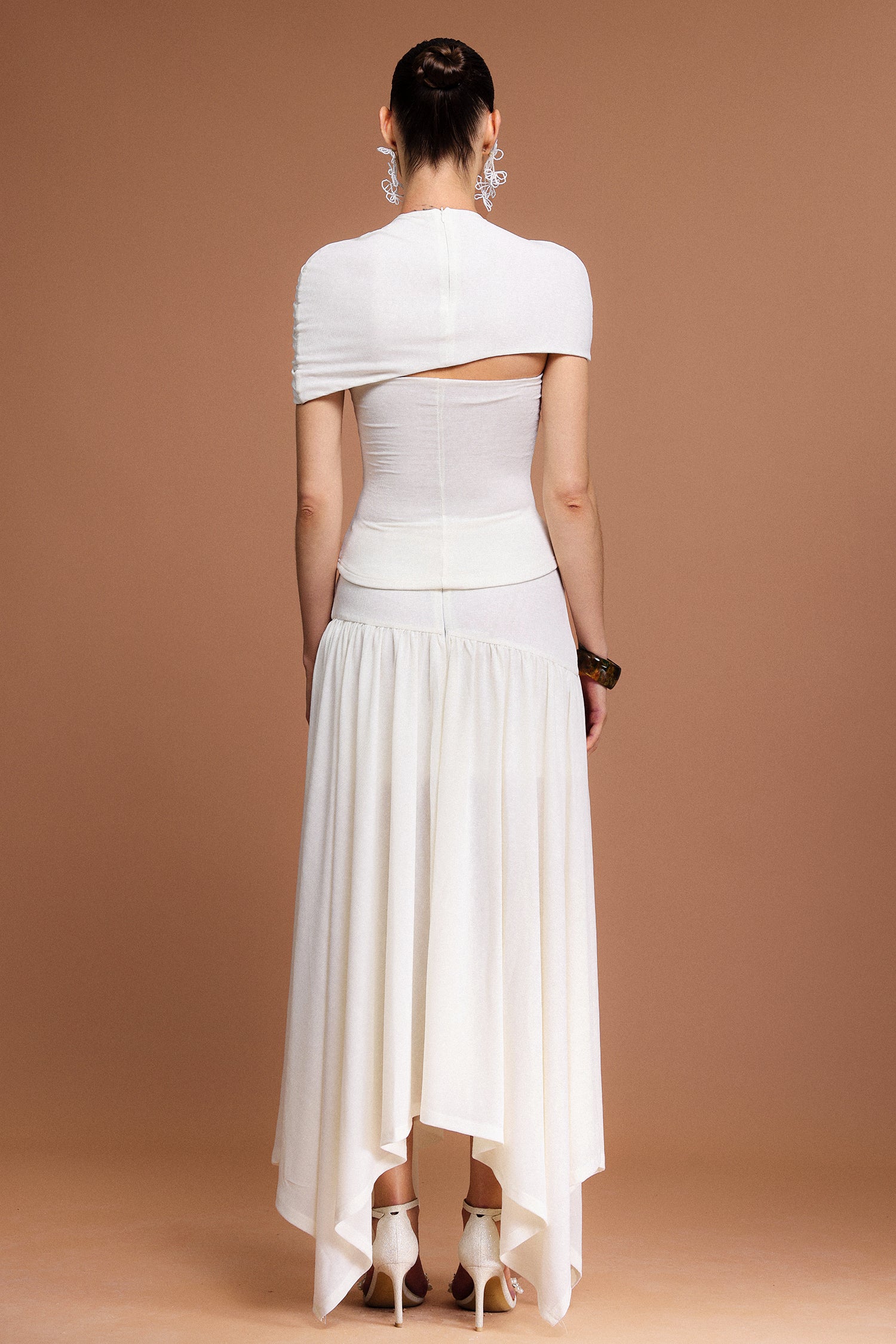 Fresco Short Sleeves Asymmetric Folds Top And Skirt Two-Piece Set