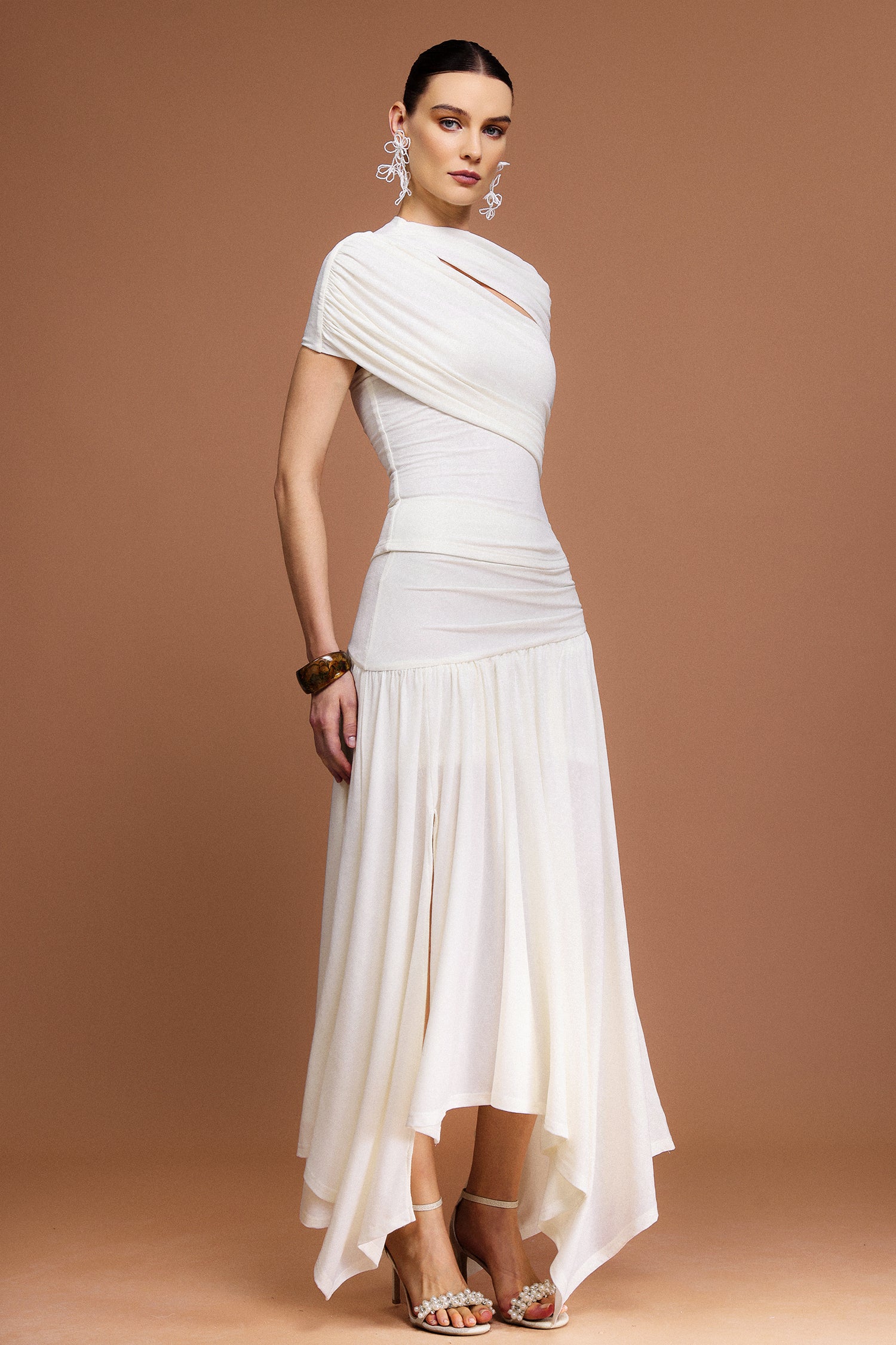 Fresco Short Sleeves Asymmetric Folds Top And Skirt Two-Piece Set