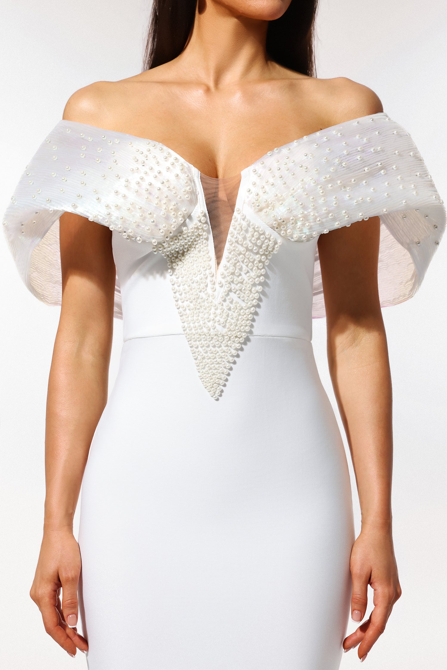 Sharina Off-The-Shoulder Pearl Bandage Maxi Dress