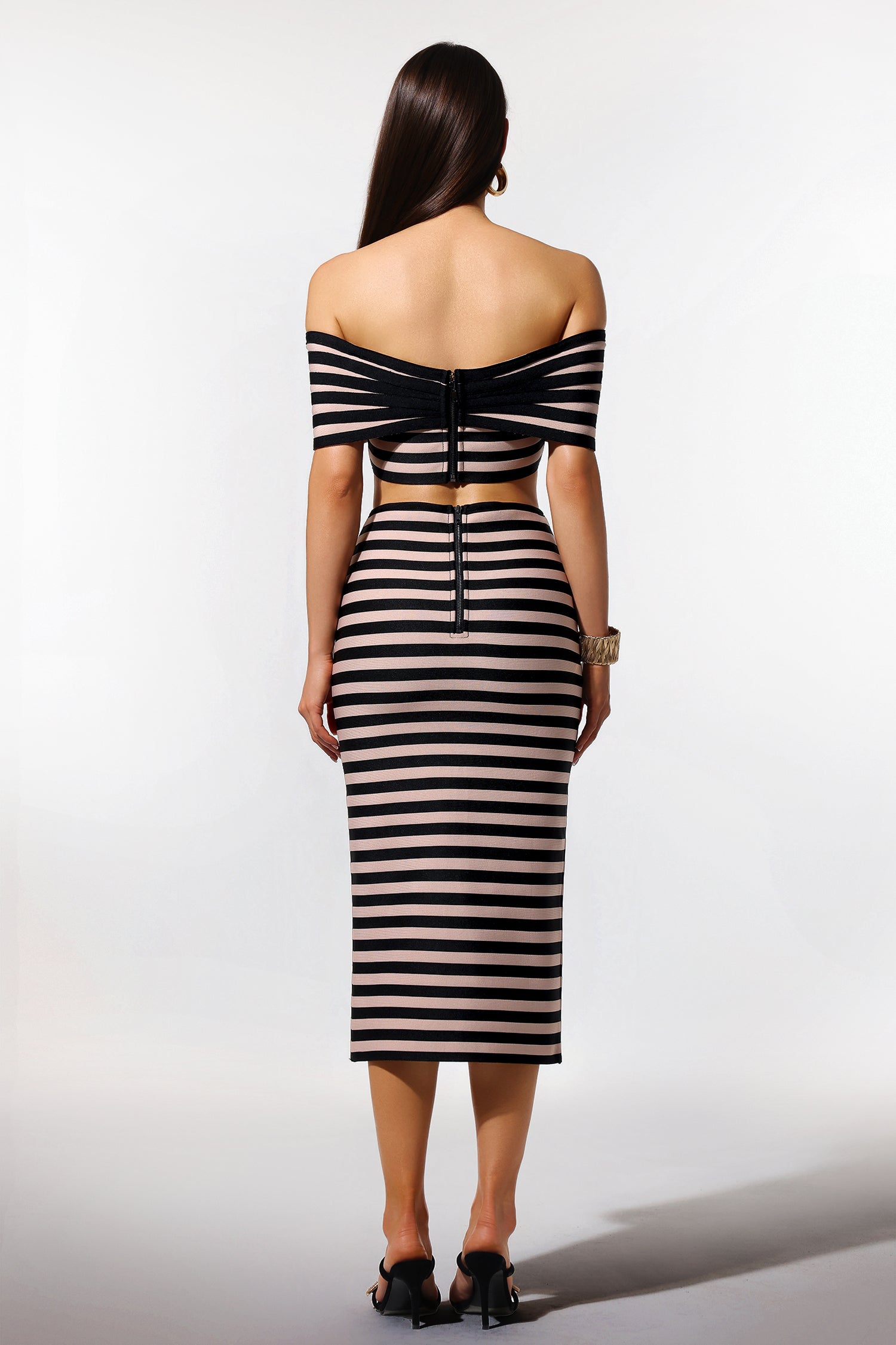 Lalipa Off-The-Shoulder Sleeveless Stripes Bandage Midi Two Piece Set