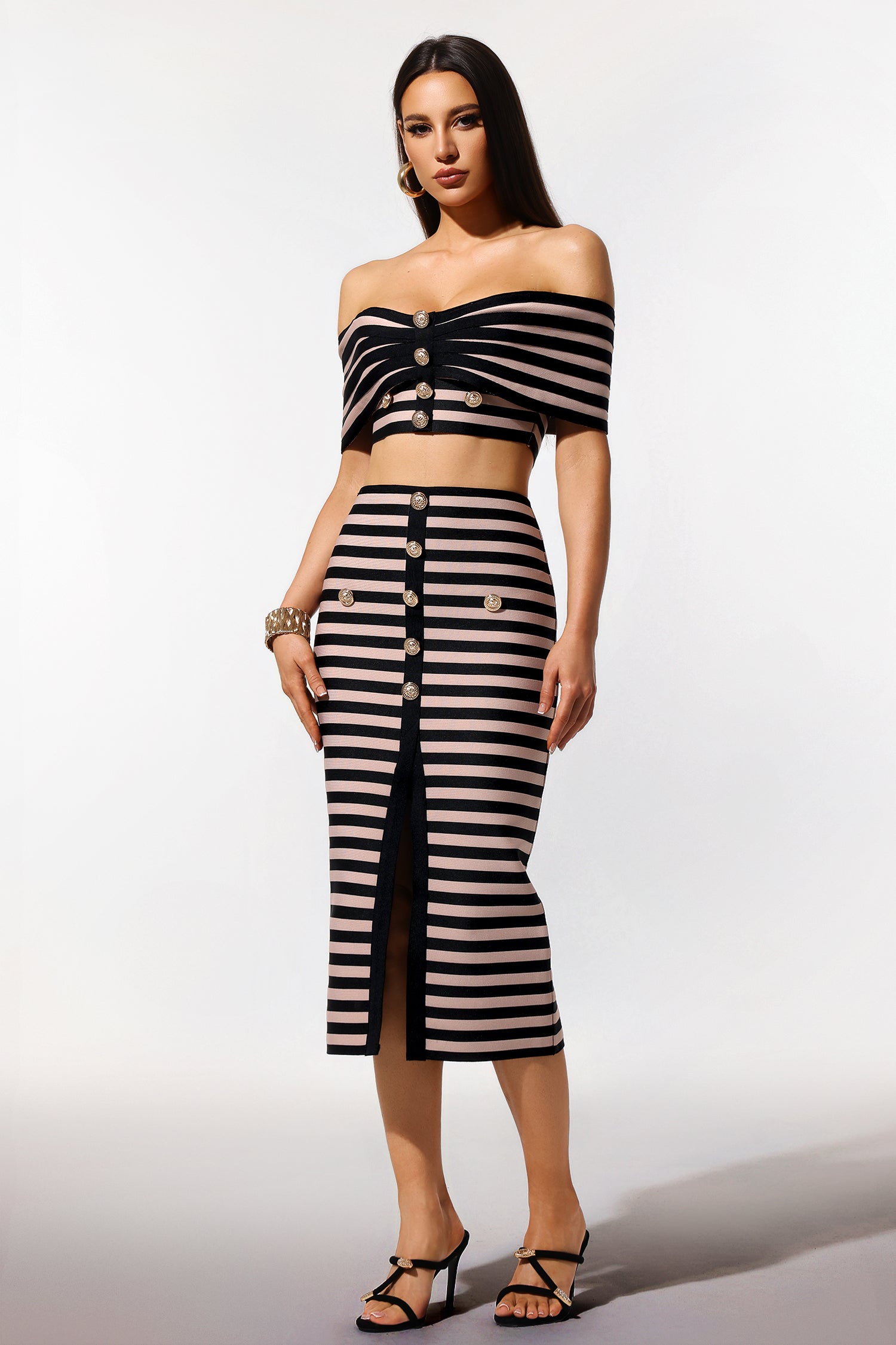 Lalipa Off-The-Shoulder Sleeveless Stripes Bandage Midi Two Piece Set