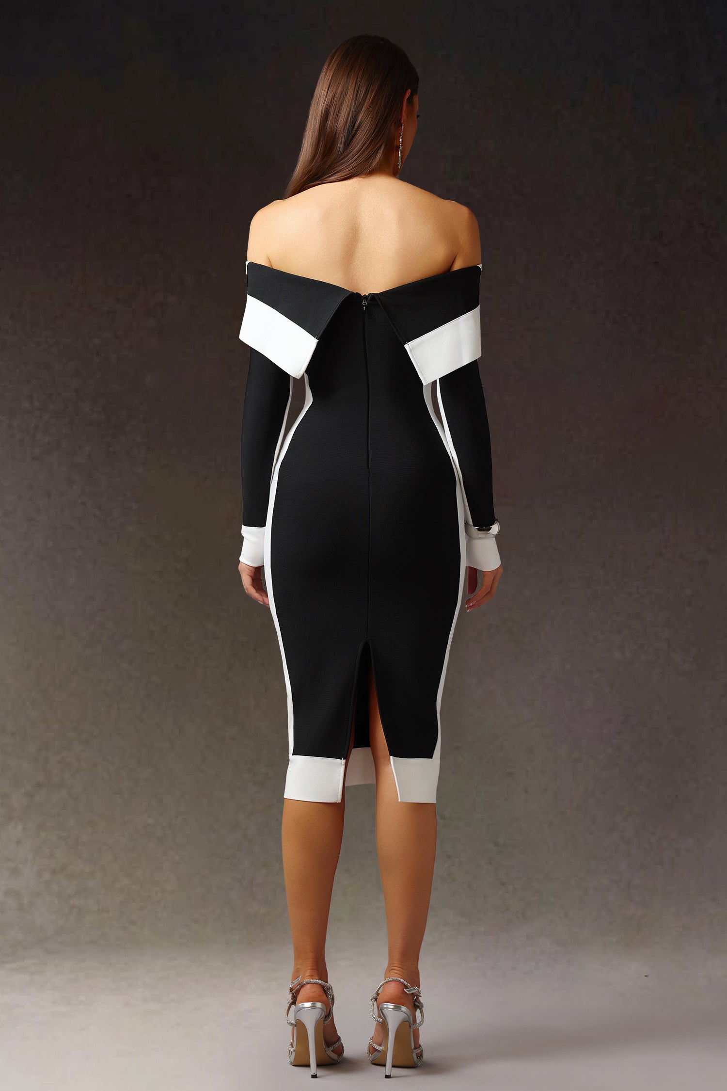 Mattey Off-The-Shoulder Long Sleeves Stripes Bandage Midi Dress