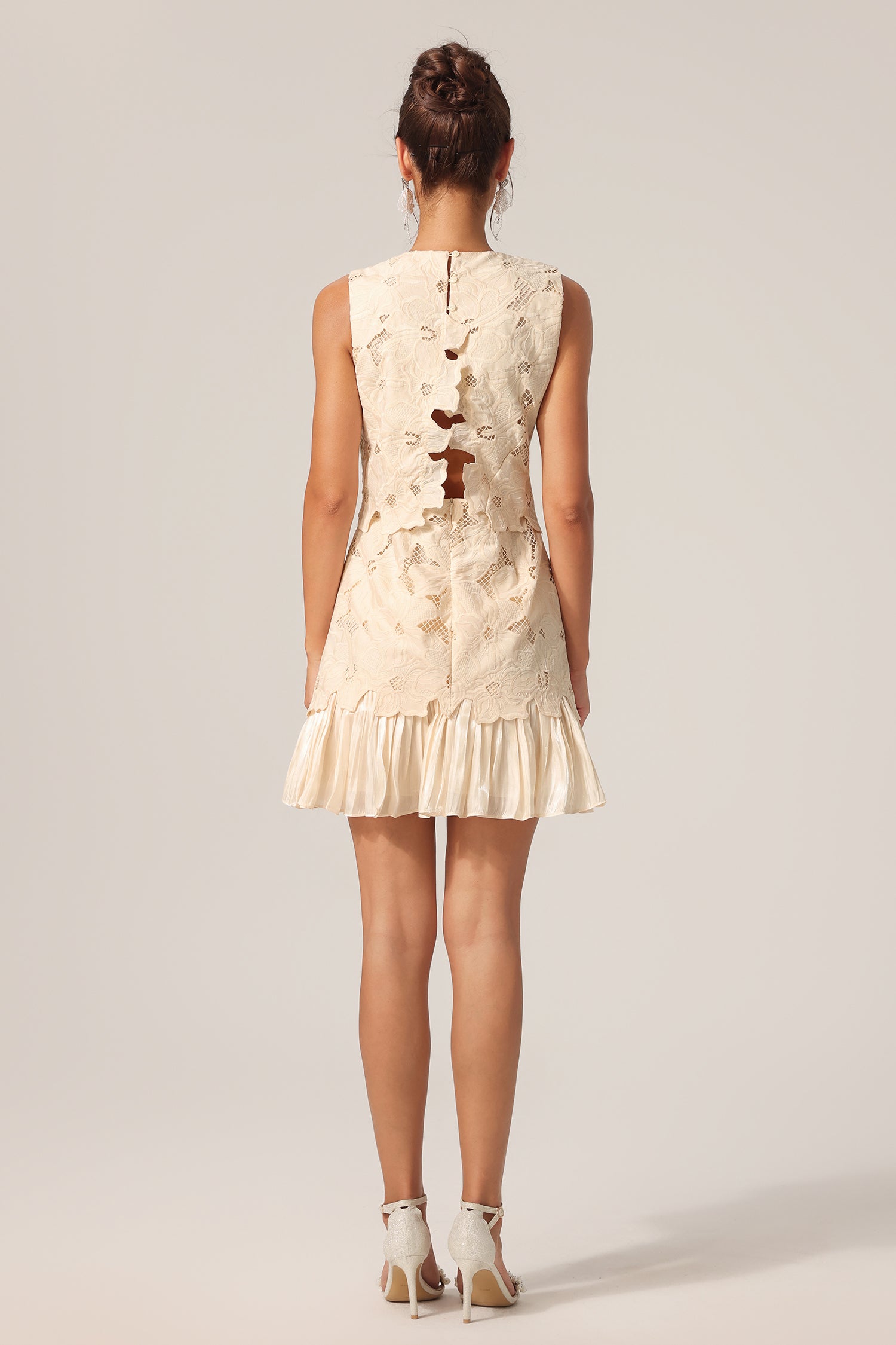 Tanisha Round Neck Sleeveless Flowers Lace Mini Dress