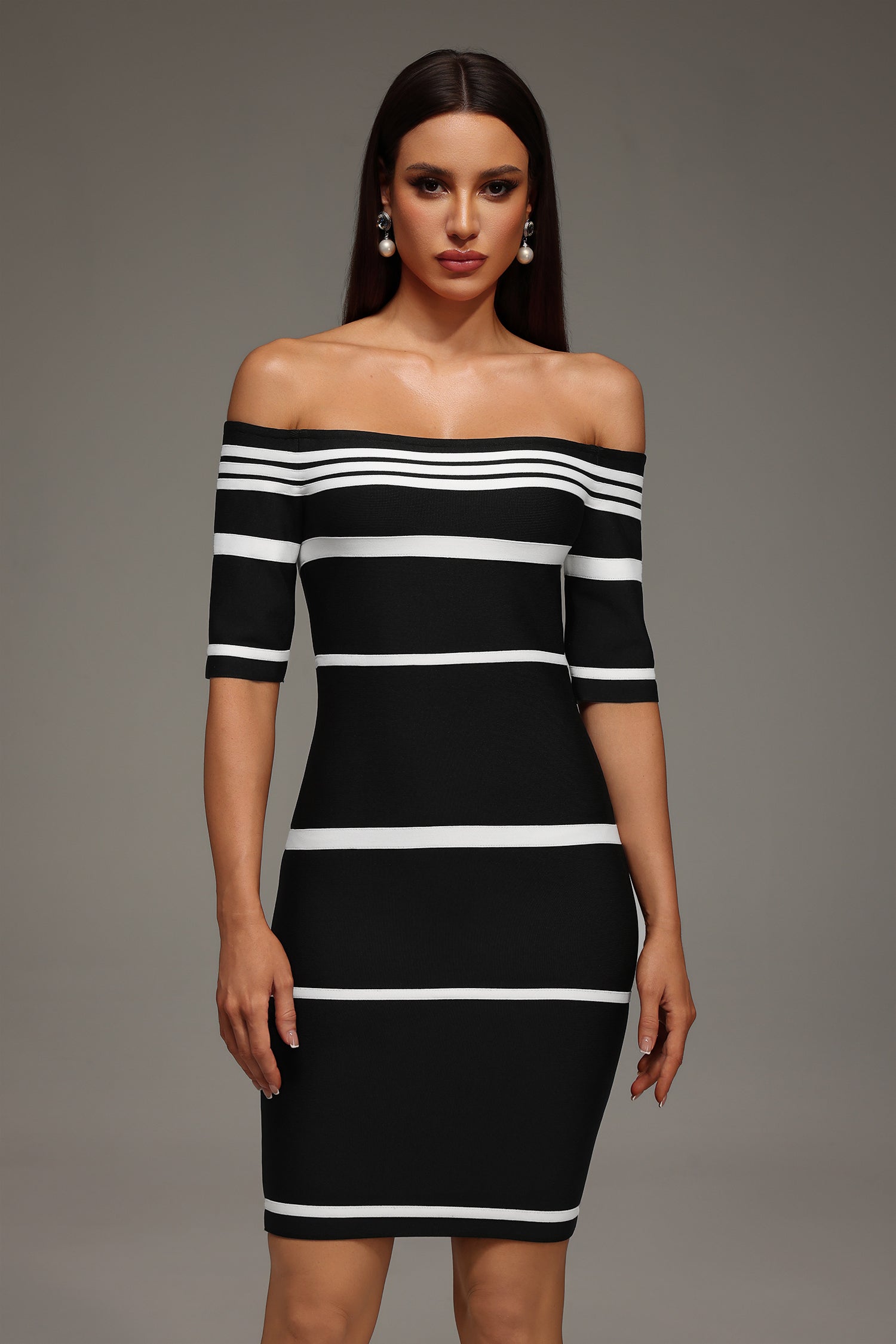 Mirelle Off The Shoulder Stripes Bandage Mini Dress
