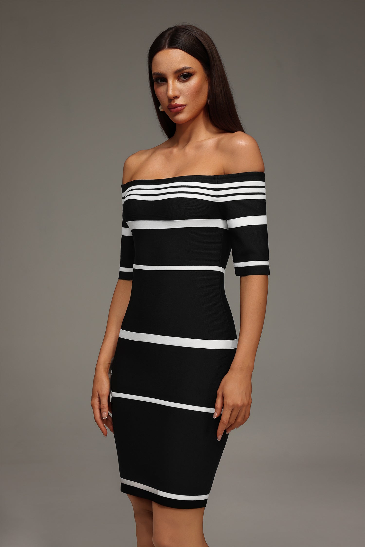 Mirelle Off The Shoulder Stripes Bandage Mini Dress