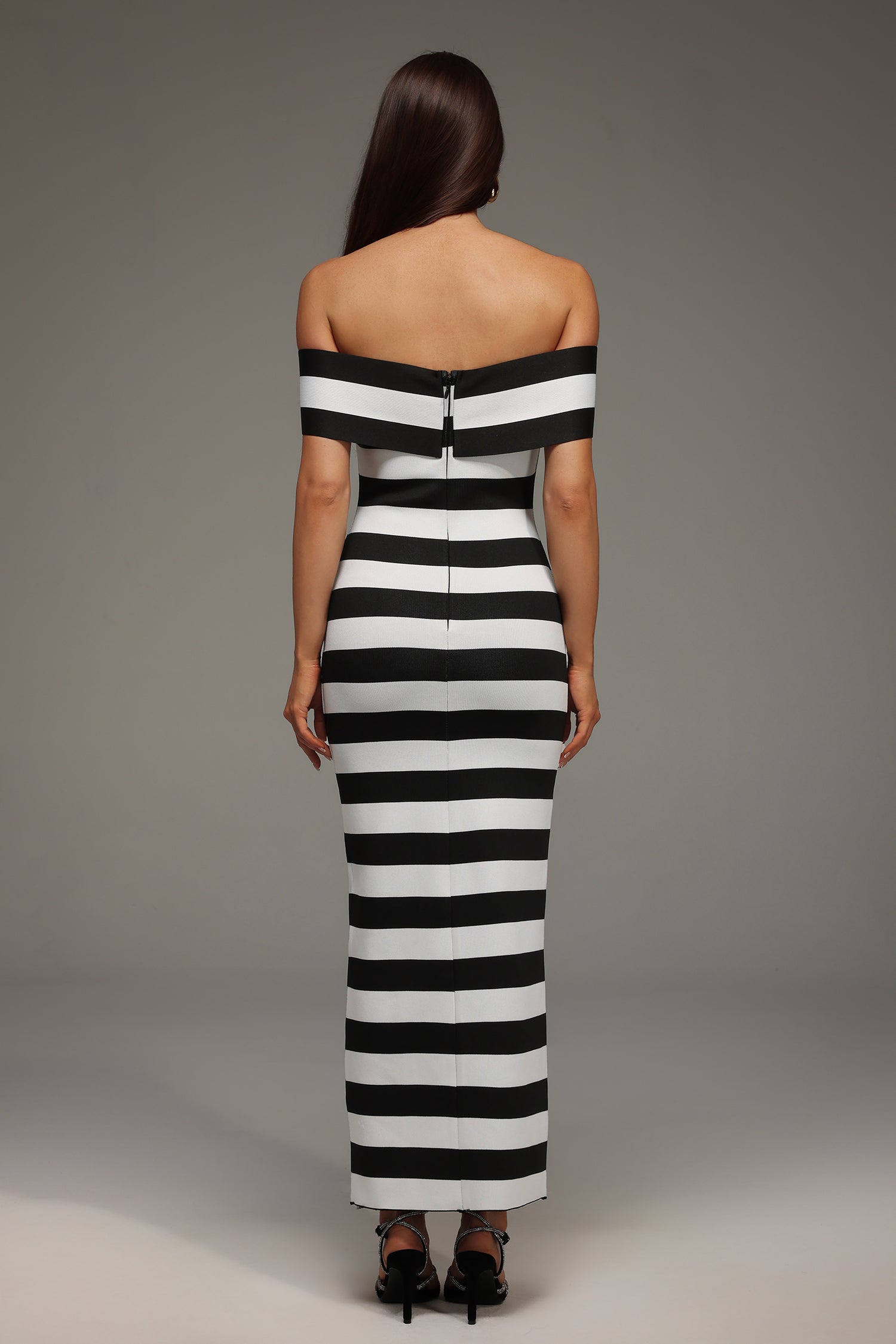 Habiba Off The Shoulder Stripes Bandage Maxi Dress