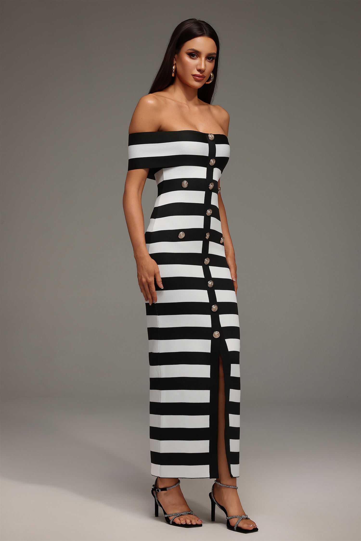 Habiba Off The Shoulder Stripes Bandage Maxi Dress