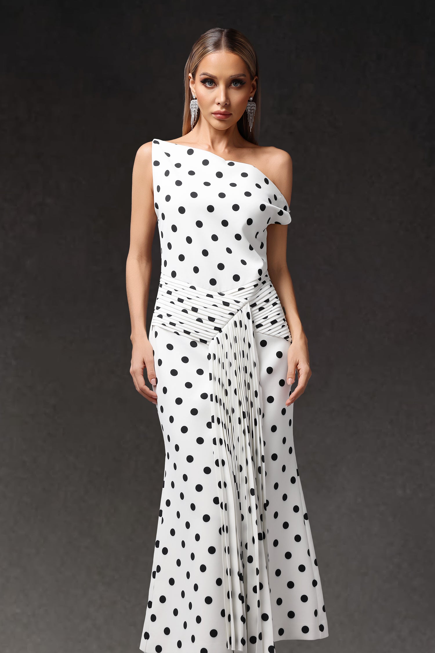Hutuny Polka Dot One Shoulder Fold Maxi Dress