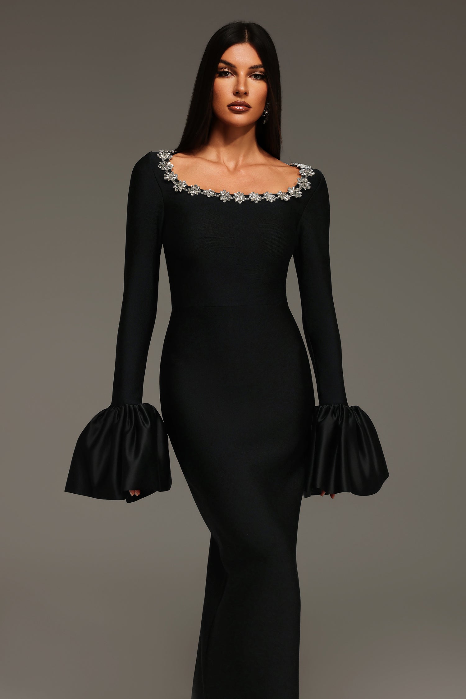 Rury Trumpet Sleeve Diamond Bandage Maxi Dress