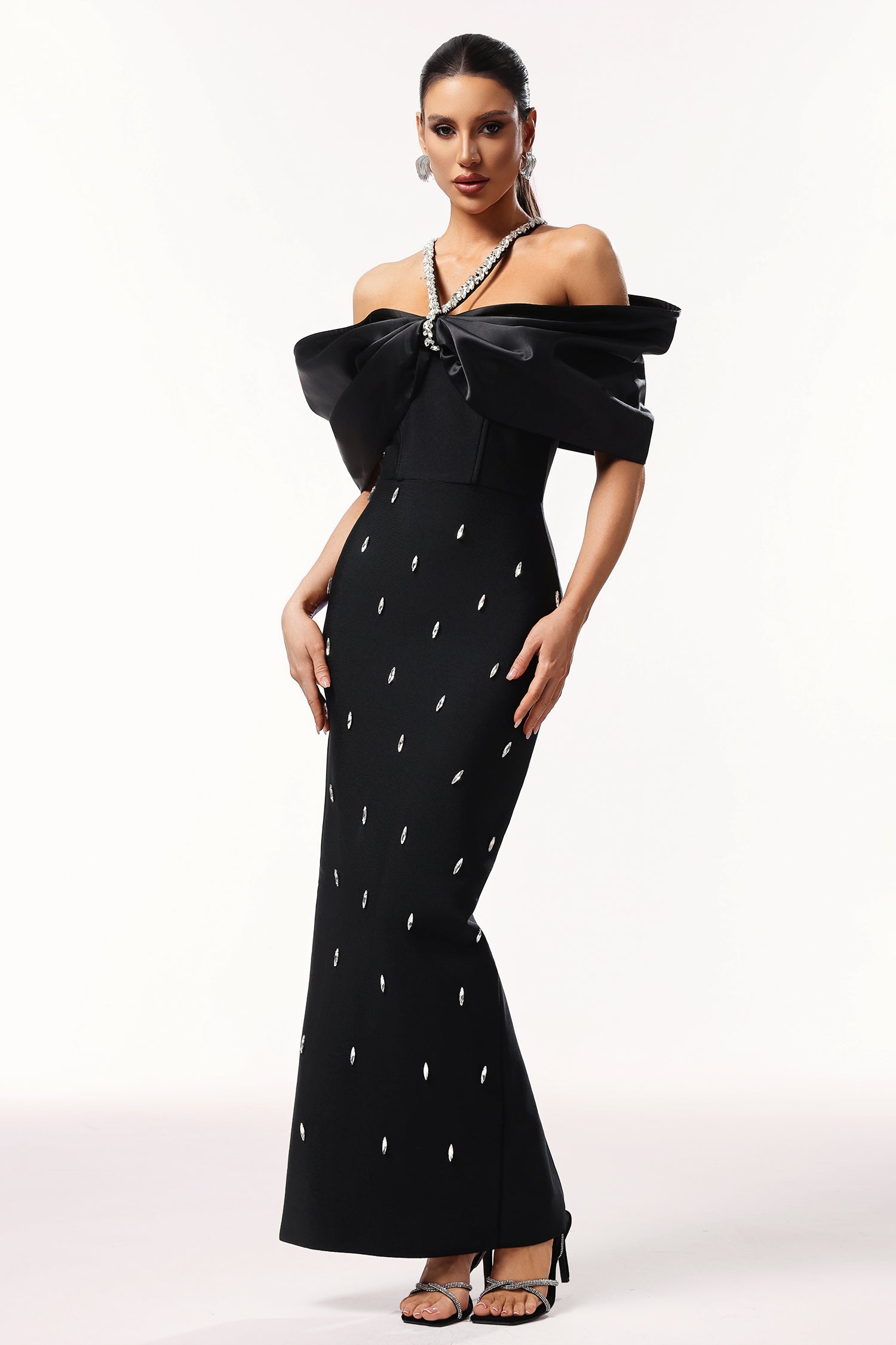 Tenley Halter Off The Shoulder Diamond Bandage Maxi Dress