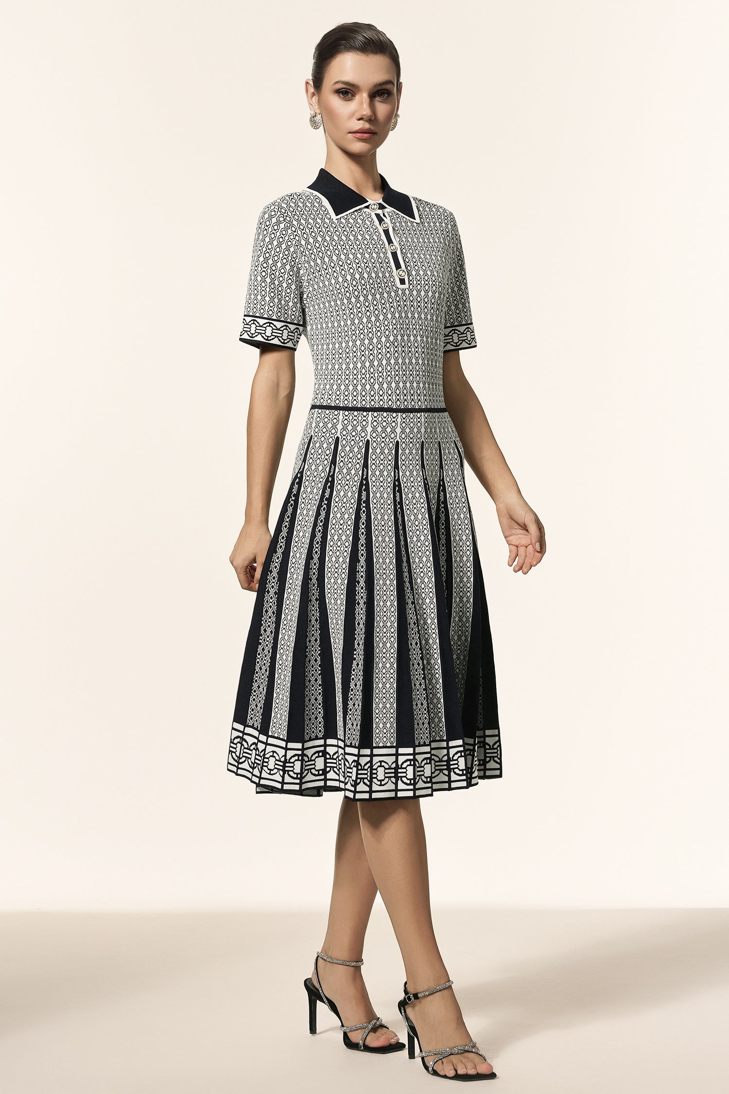 Reye Lapel Short Sleeves Jacquard Folds Mini Dress