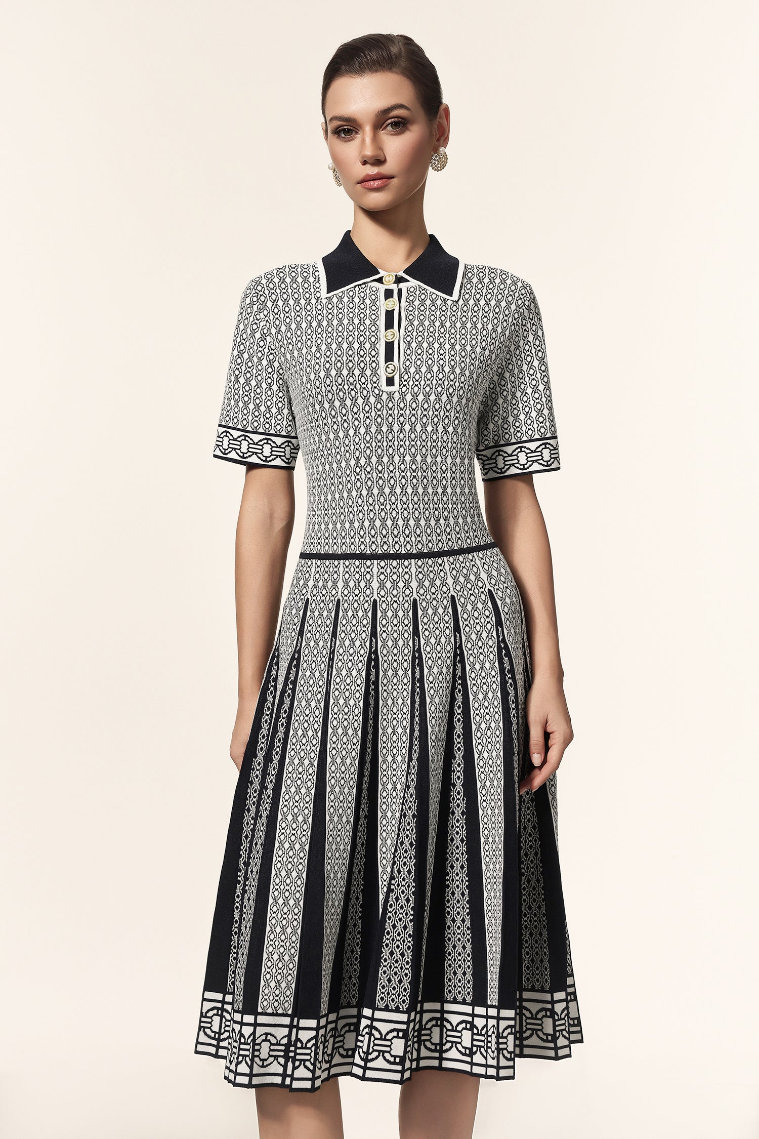 Reye Lapel Short Sleeves Jacquard Folds Mini Dress