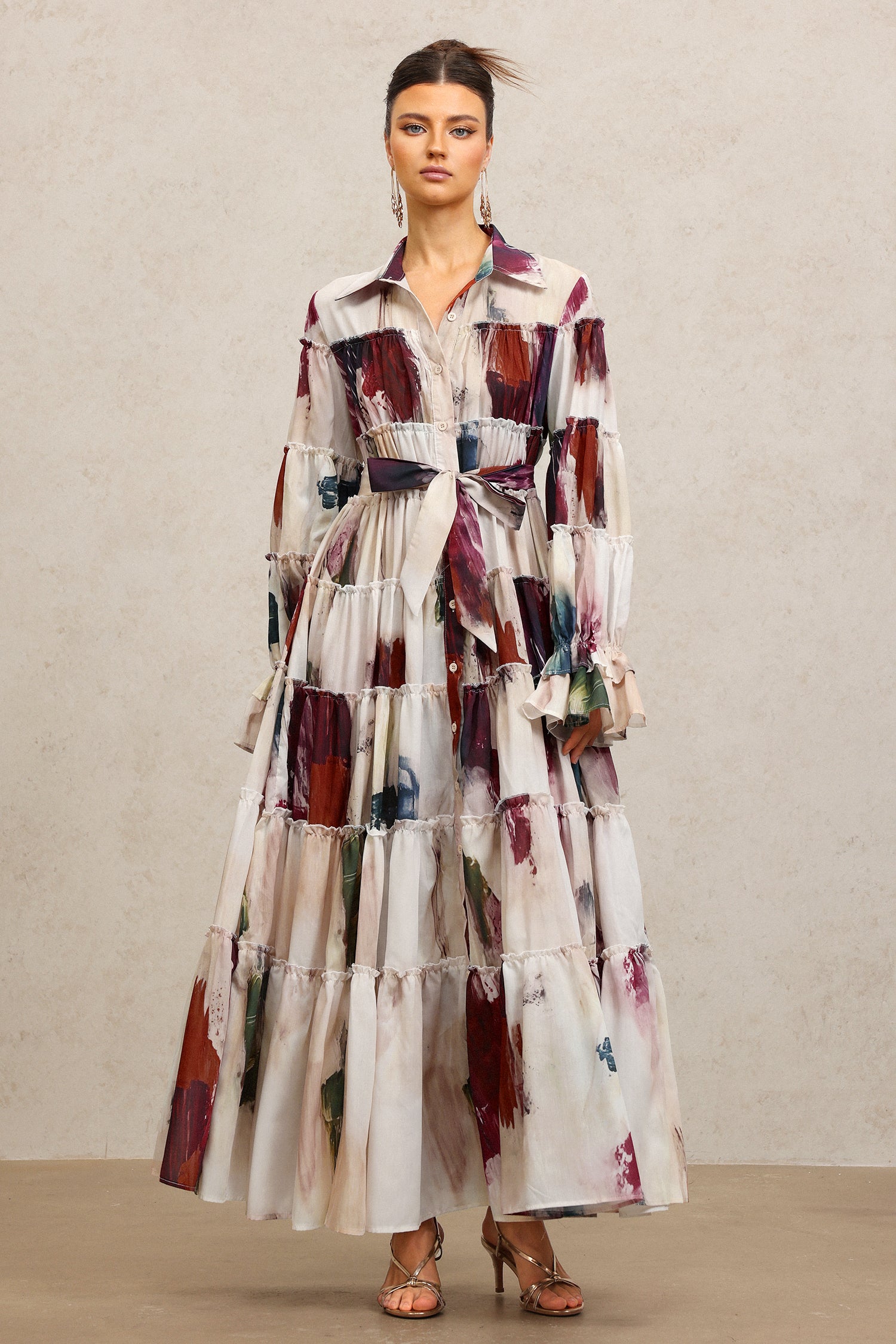 Raanana Lapel Long Sleeves Floral Printed Maxi Dress