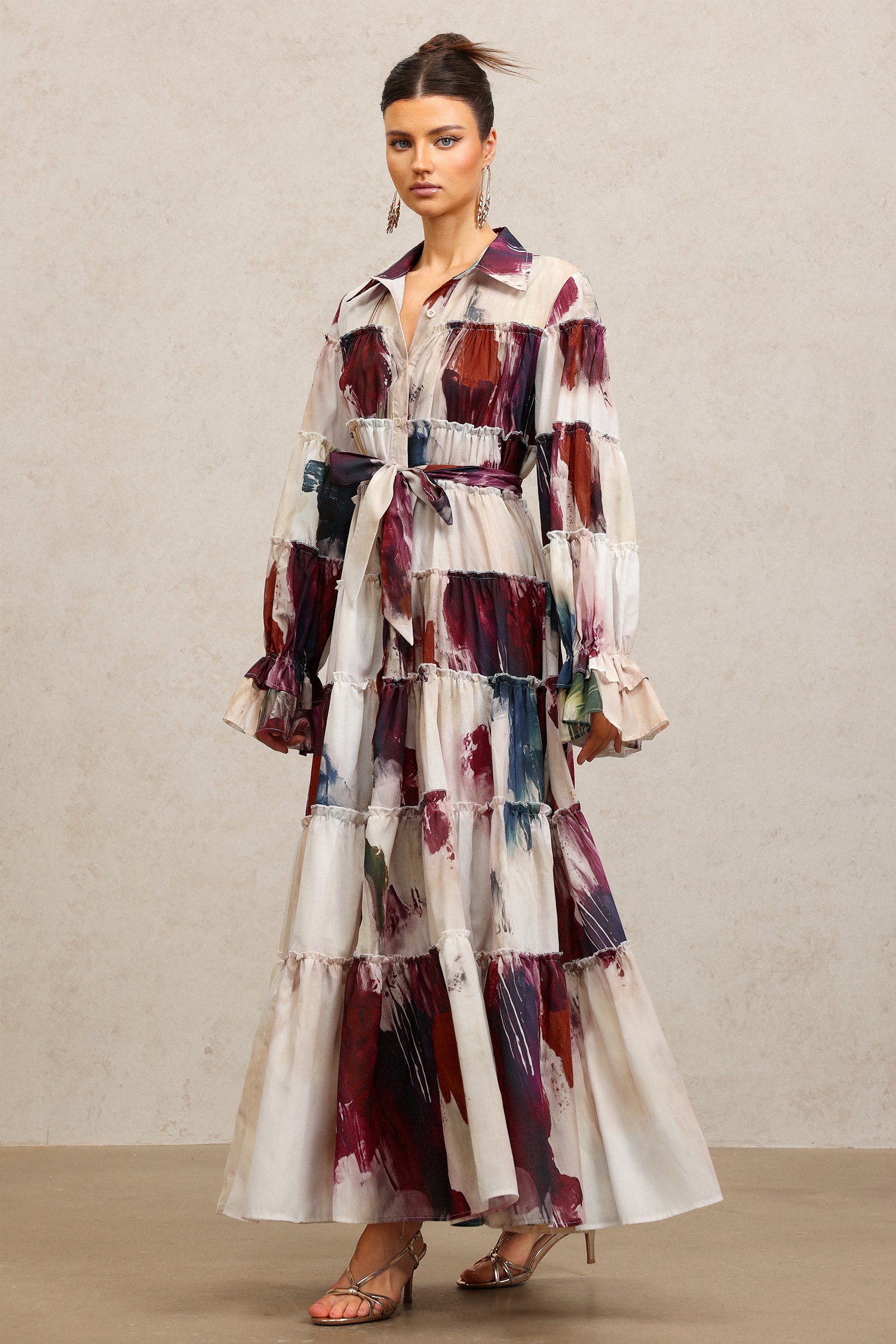 Raanana Lapel Long Sleeves Floral Printed Maxi Dress