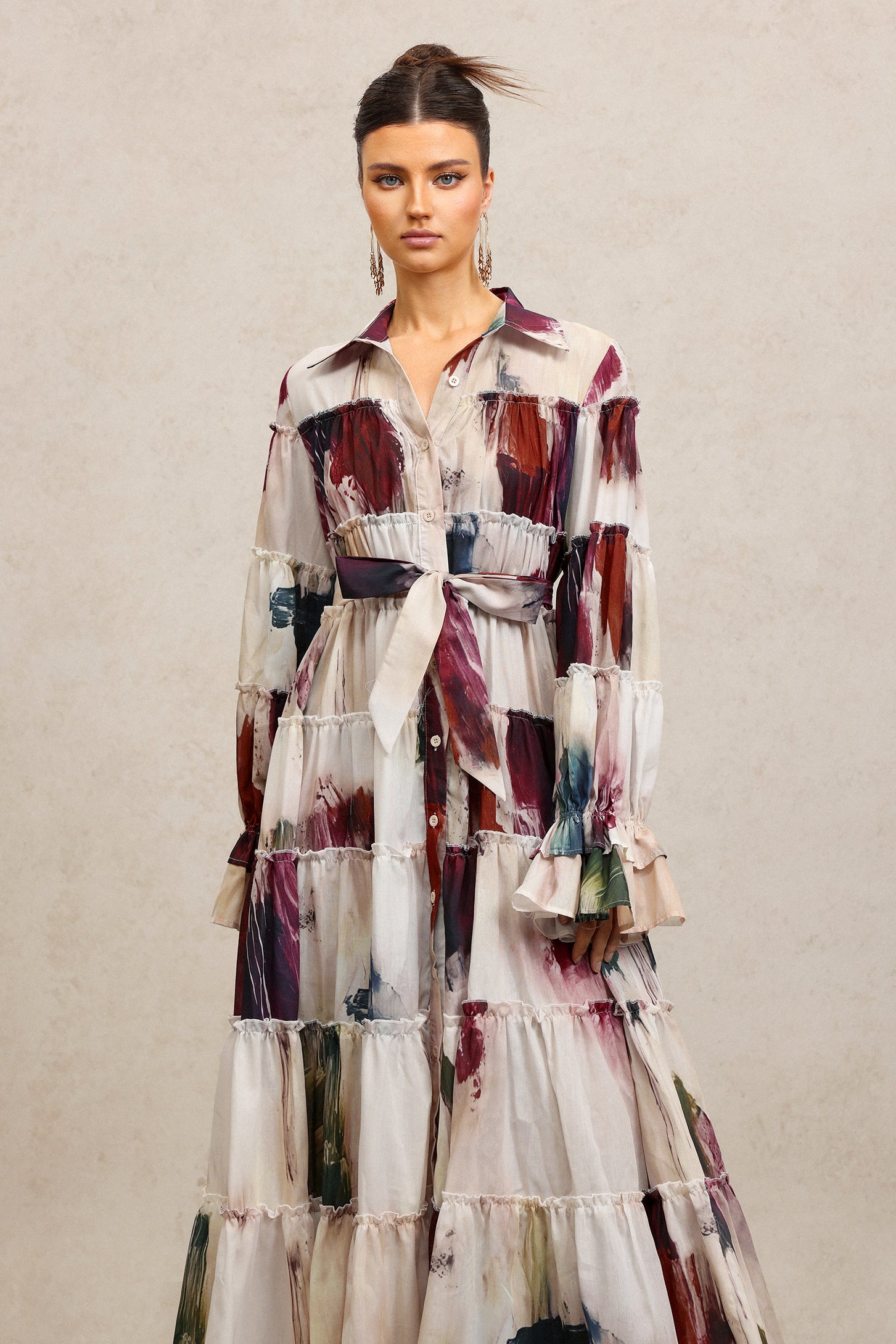 Raanana Lapel Long Sleeves Floral Printed Maxi Dress