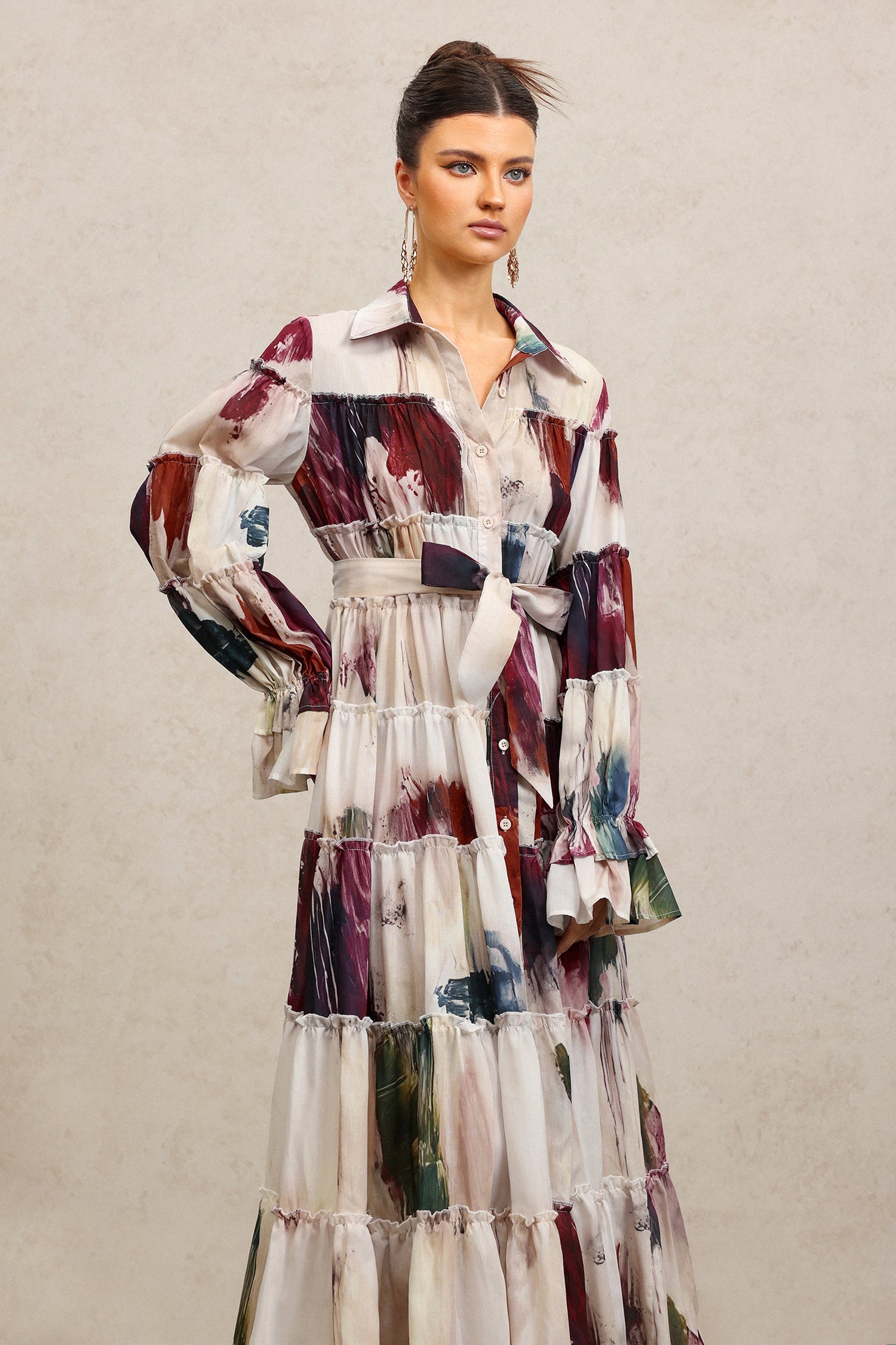 Raanana Lapel Long Sleeves Floral Printed Maxi Dress