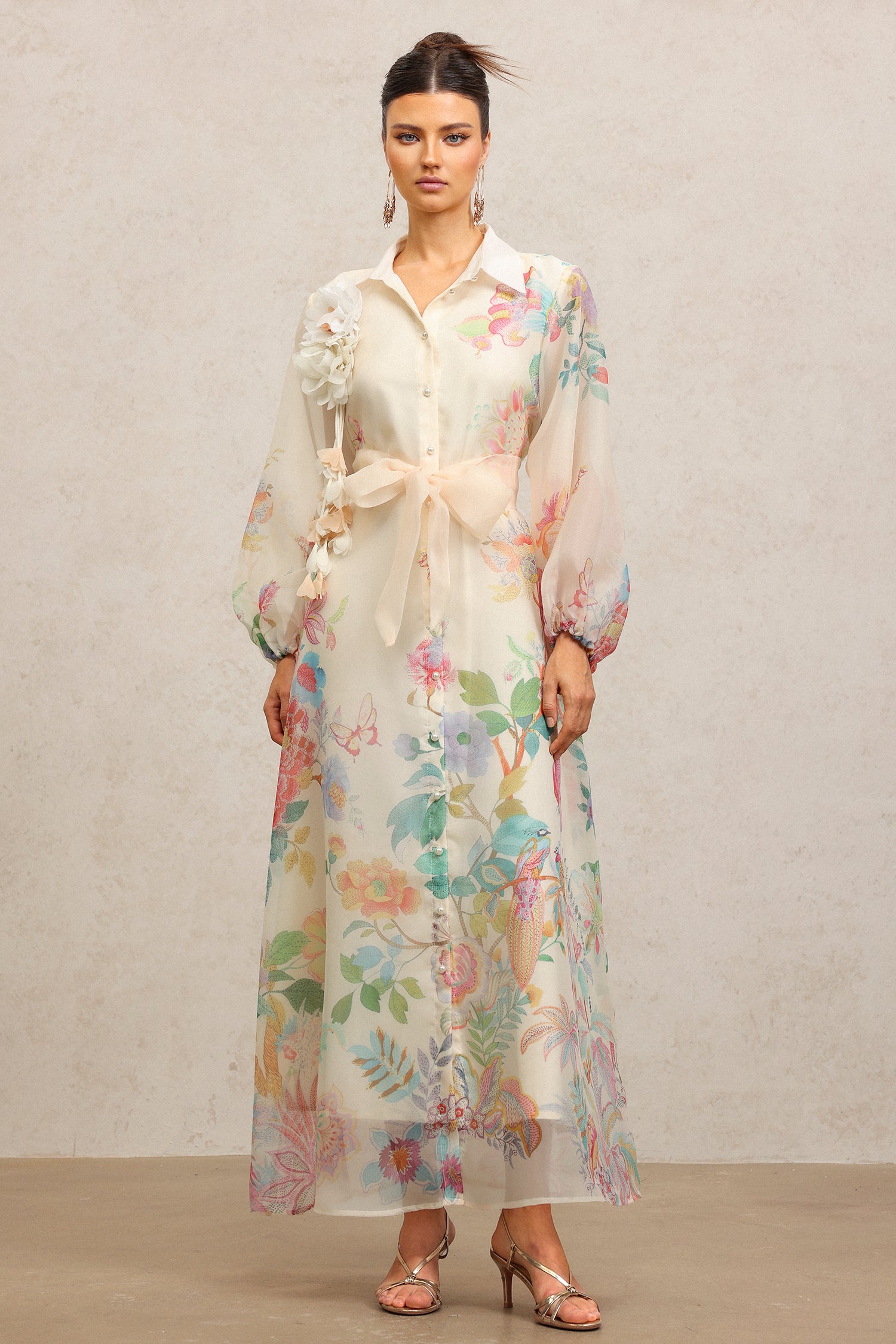 Farrah Lapel Long Sleeves Flowers Printed Maxi Dress