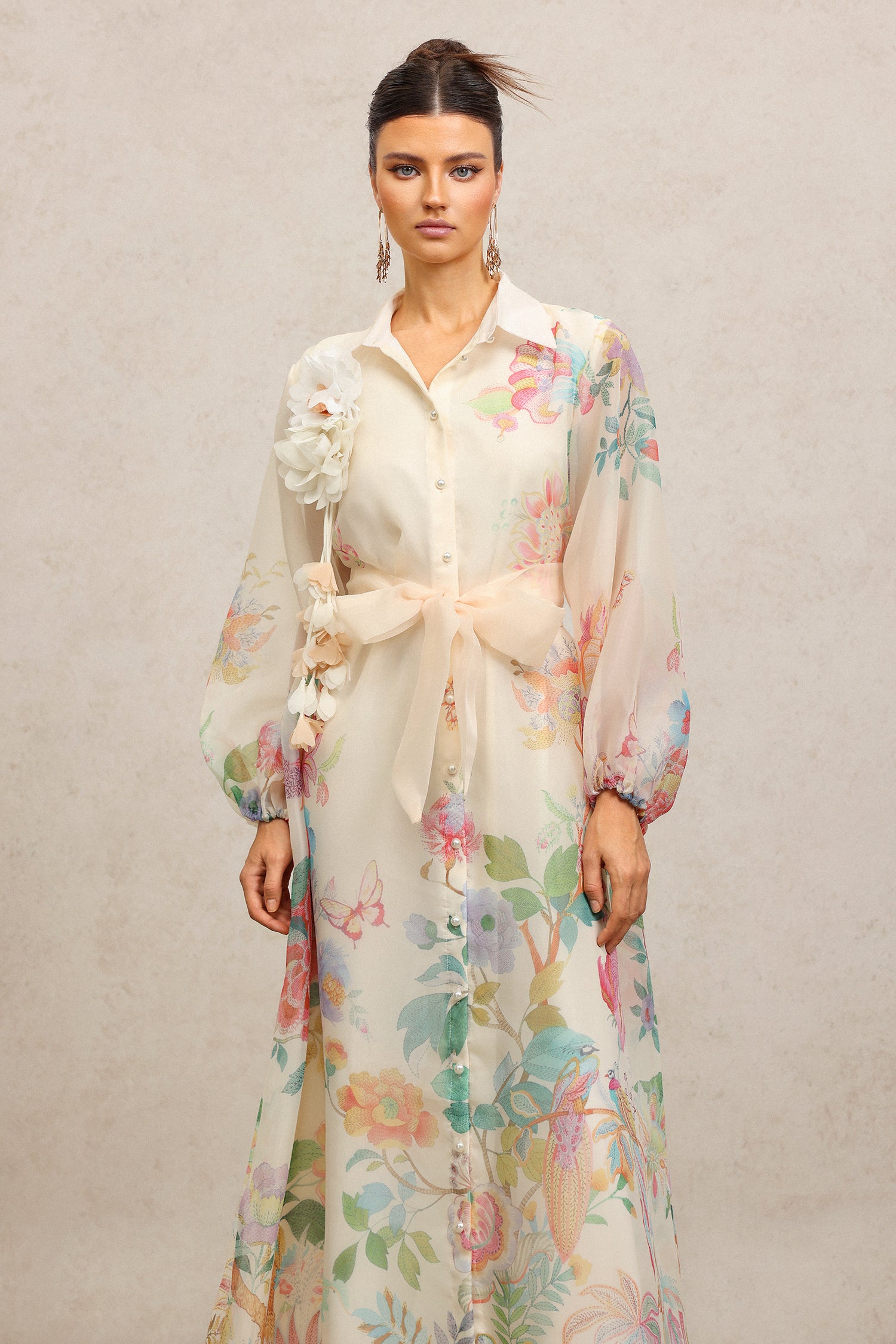 Farrah Lapel Long Sleeves Flowers Printed Maxi Dress