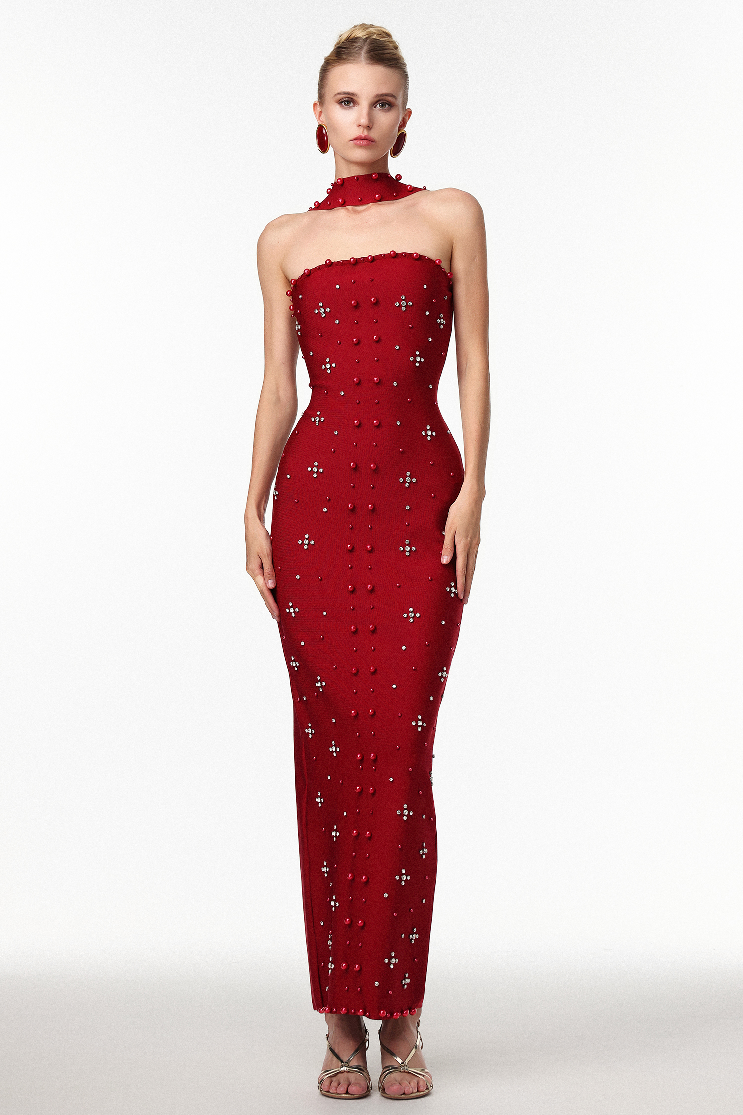 Nesya Sleeveless Pearl Wine Bandage Maxi Dress