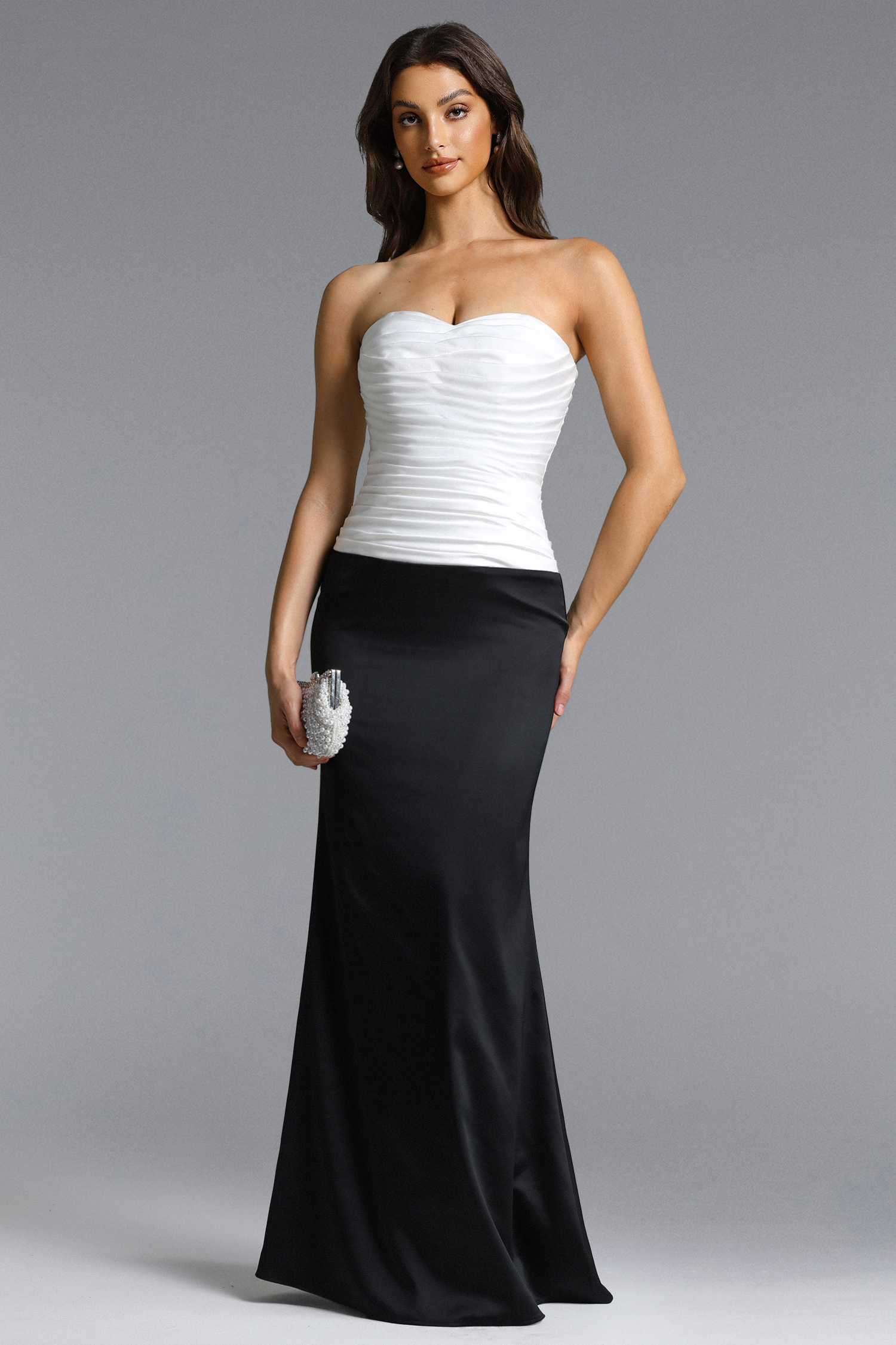 Diona Elegant Contour Strapless Pleated Contrast Satin Maxi Dress