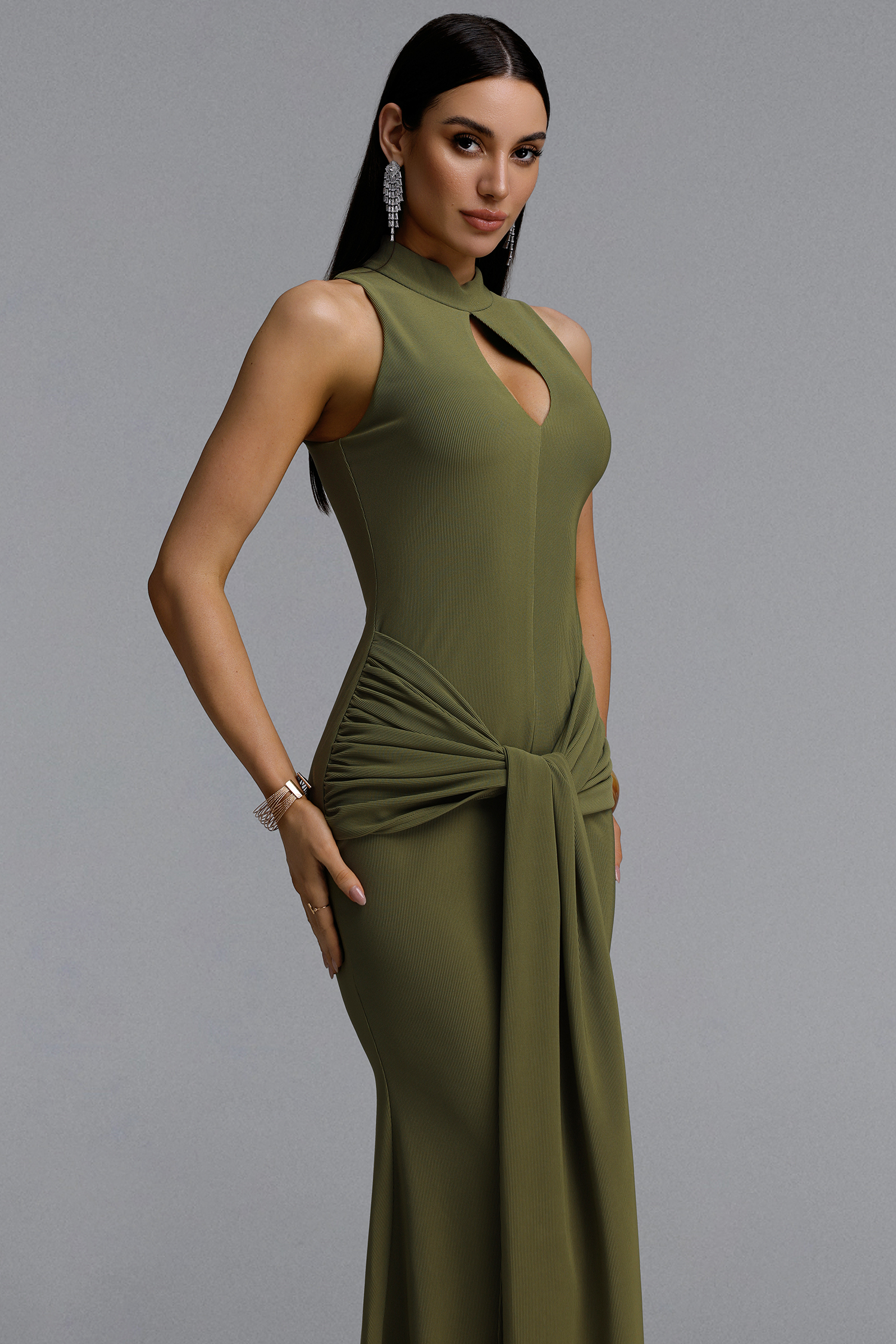 Sukia Chic Form-Fitting High Neck Cutout Draped Tie Sleeveless Mermaid Maxi Dress