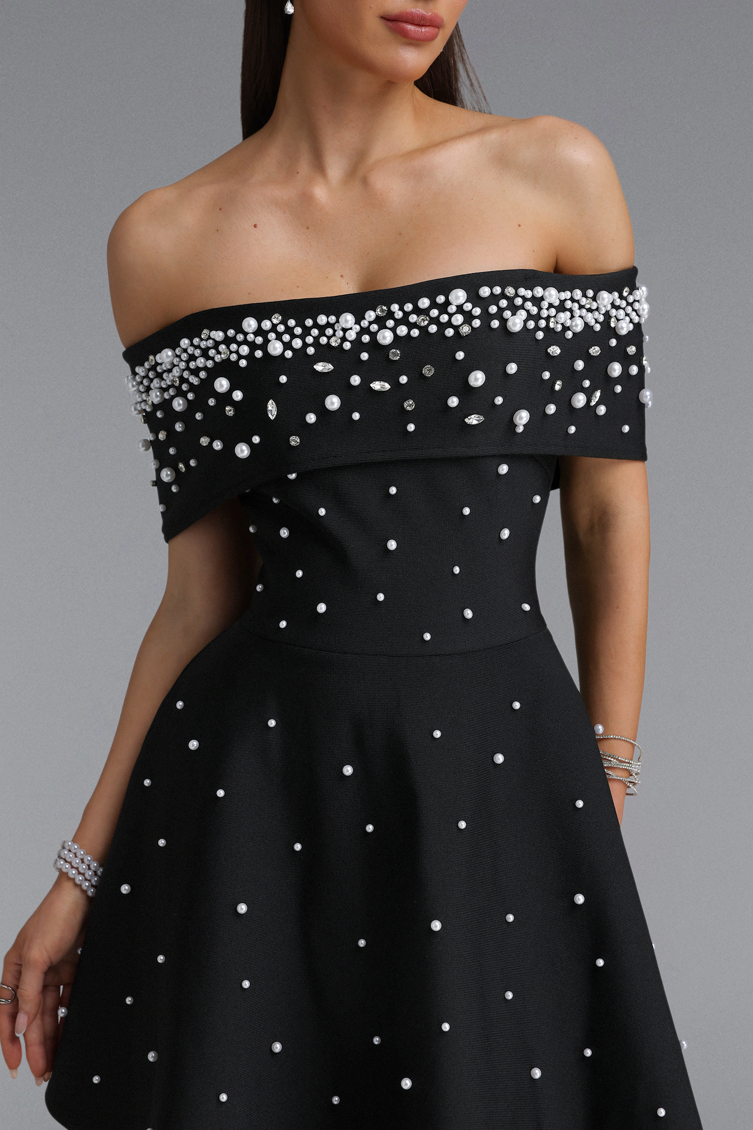 Kawayi Elegant Fitted Off Shoulder Pearl A-line Mini Bandage Dress
