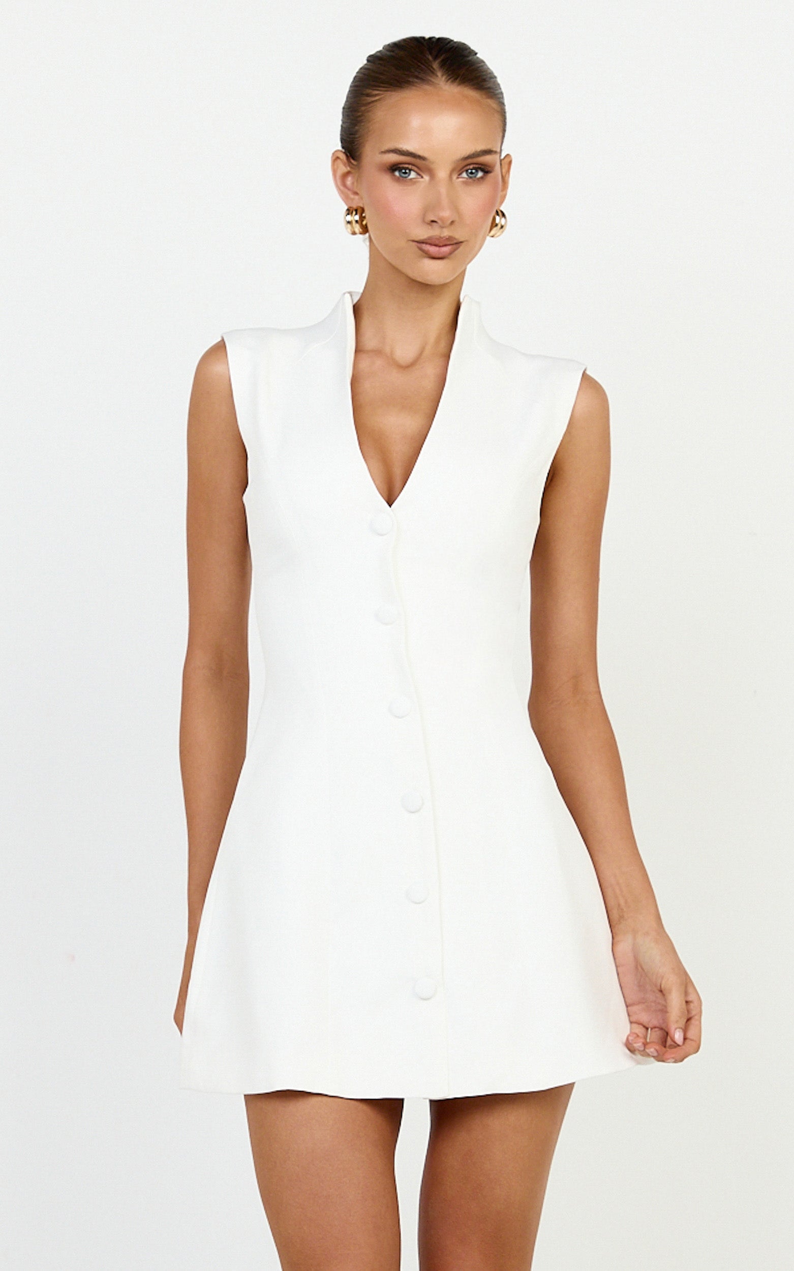 Jacinta Mini Dress - Sleeveless Button Front Tulip Dress in Off White - View 5