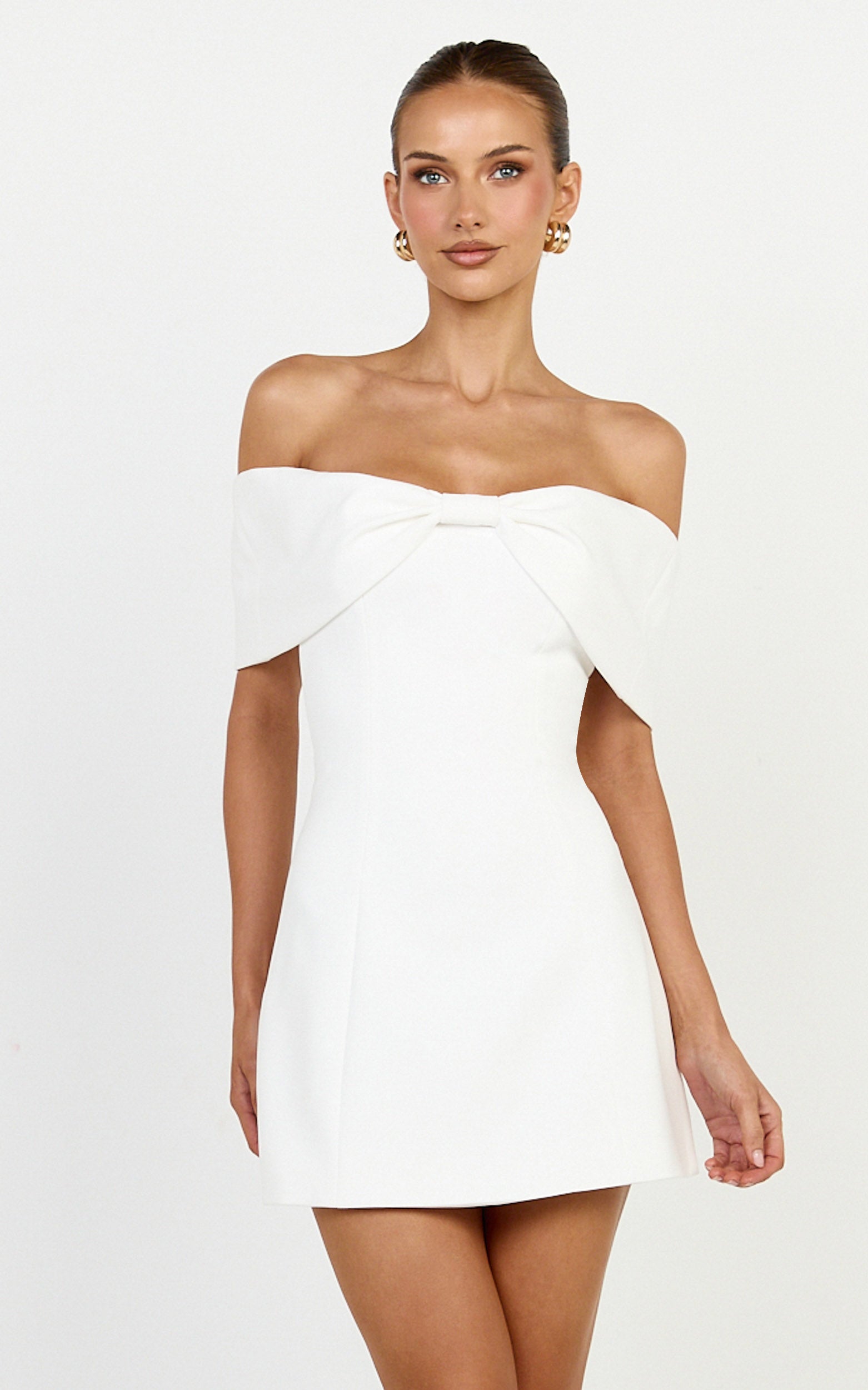 Thalia Mini Dress - Off Shoulder Bow Detail Dress in White - View 3