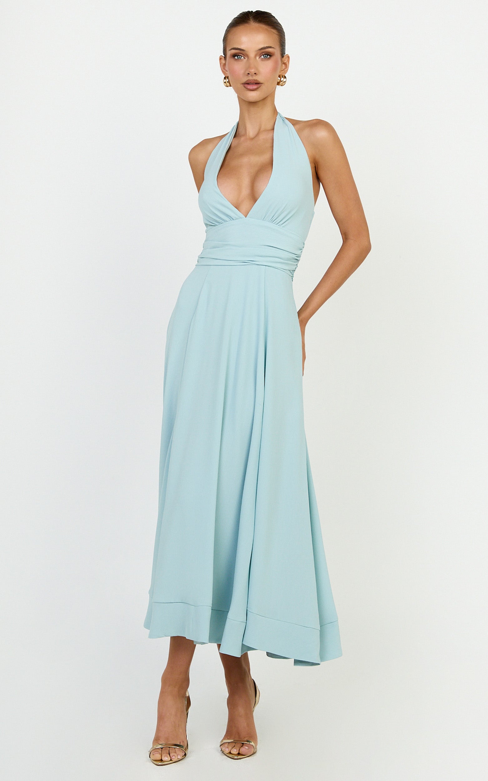 Vivia Maxi Dress - Gathered Waist Halter Dress in Blue - View 4