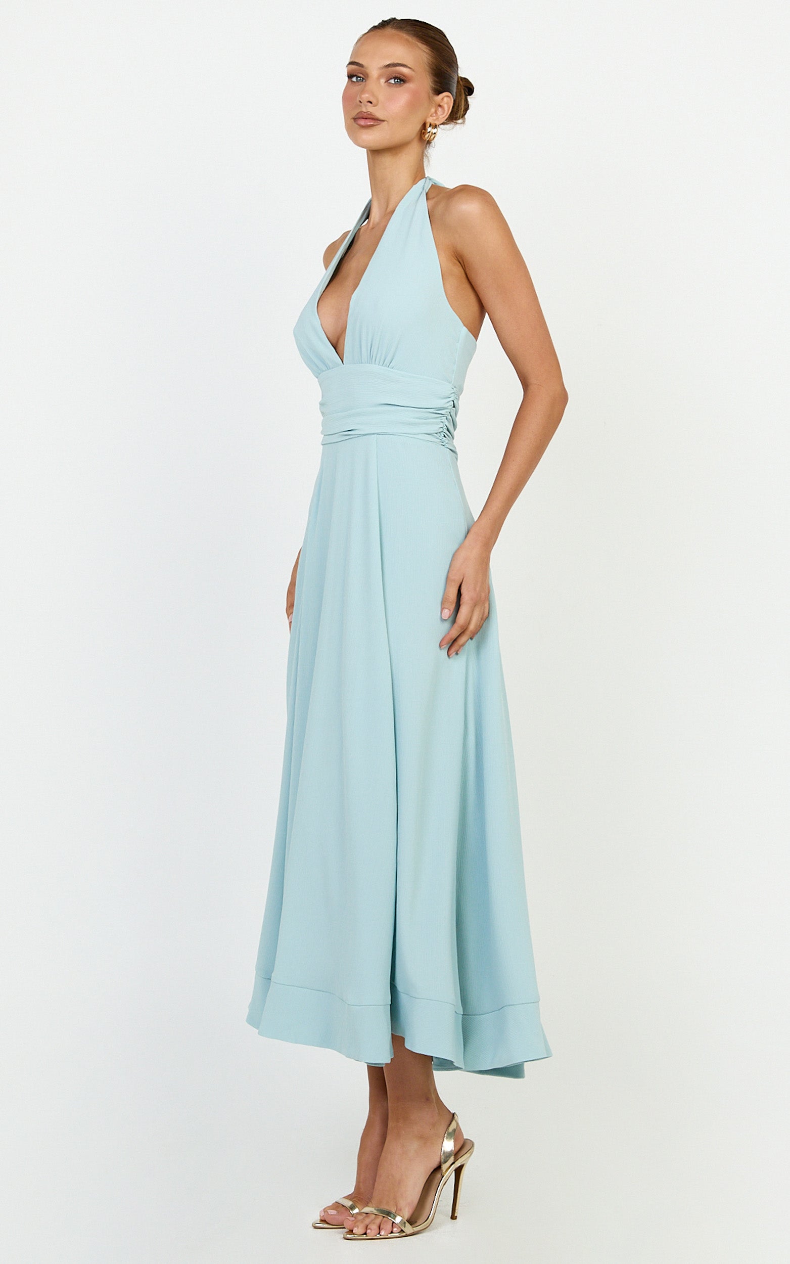 Vivia Maxi Dress - Gathered Waist Halter Dress in Blue - View 5