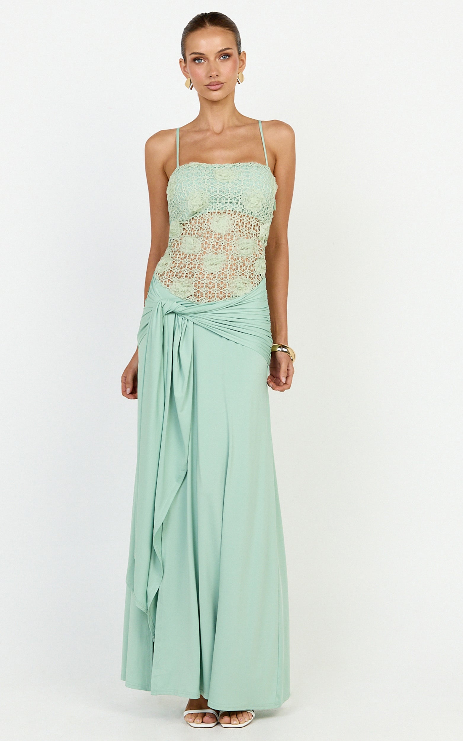 Nerissa Maxi Dress - Crochet Floral Embellished Bodice Drop Tie Waist Dress in Sage - View 3