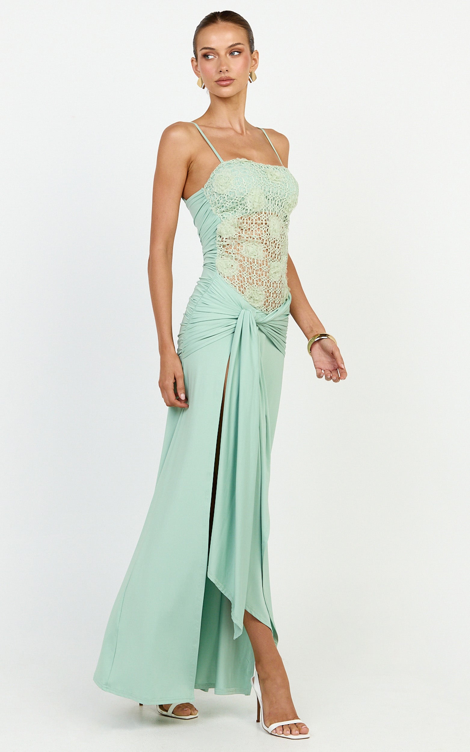 Nerissa Maxi Dress - Crochet Floral Embellished Bodice Drop Tie Waist Dress in Sage - View 5