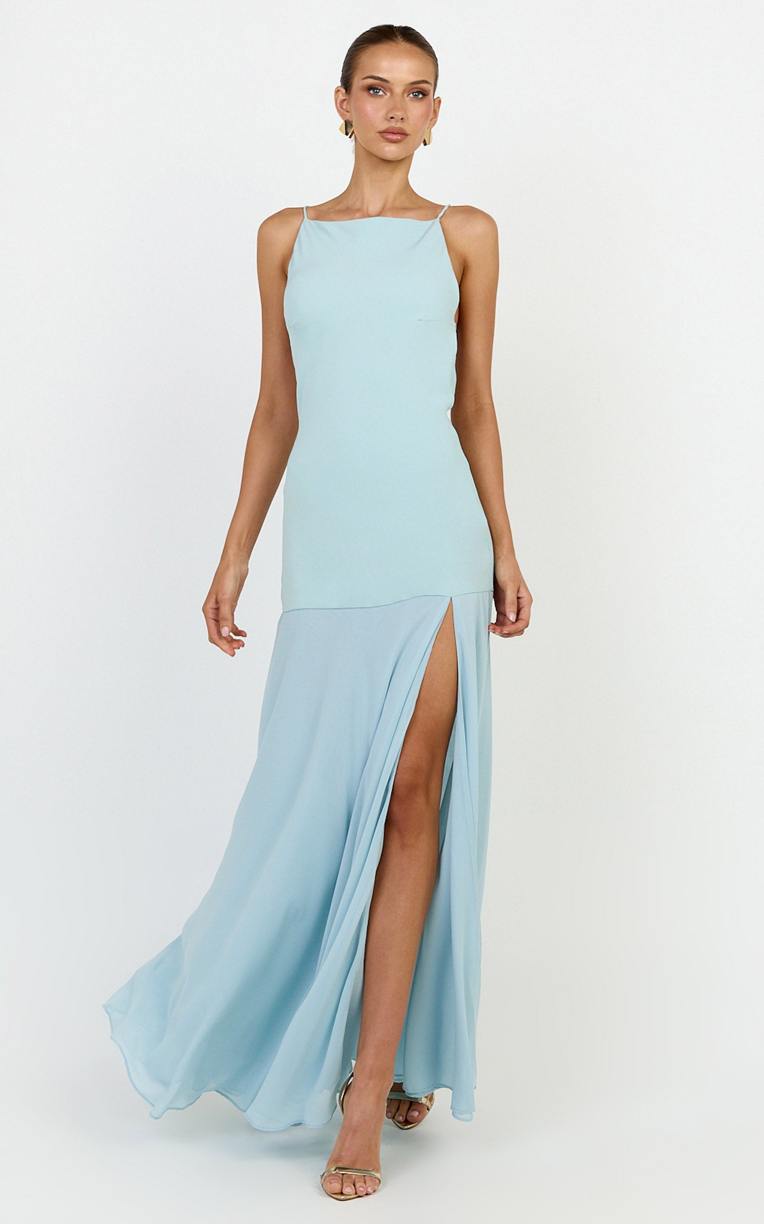Ayla Maxi Dress - High Neckline Contrast Georgette Skirt Dress in Blue - View 4
