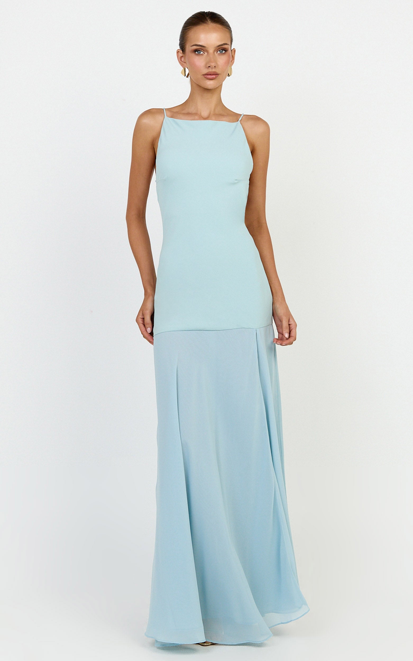 Ayla Maxi Dress - High Neckline Contrast Georgette Skirt Dress in Blue - View 3