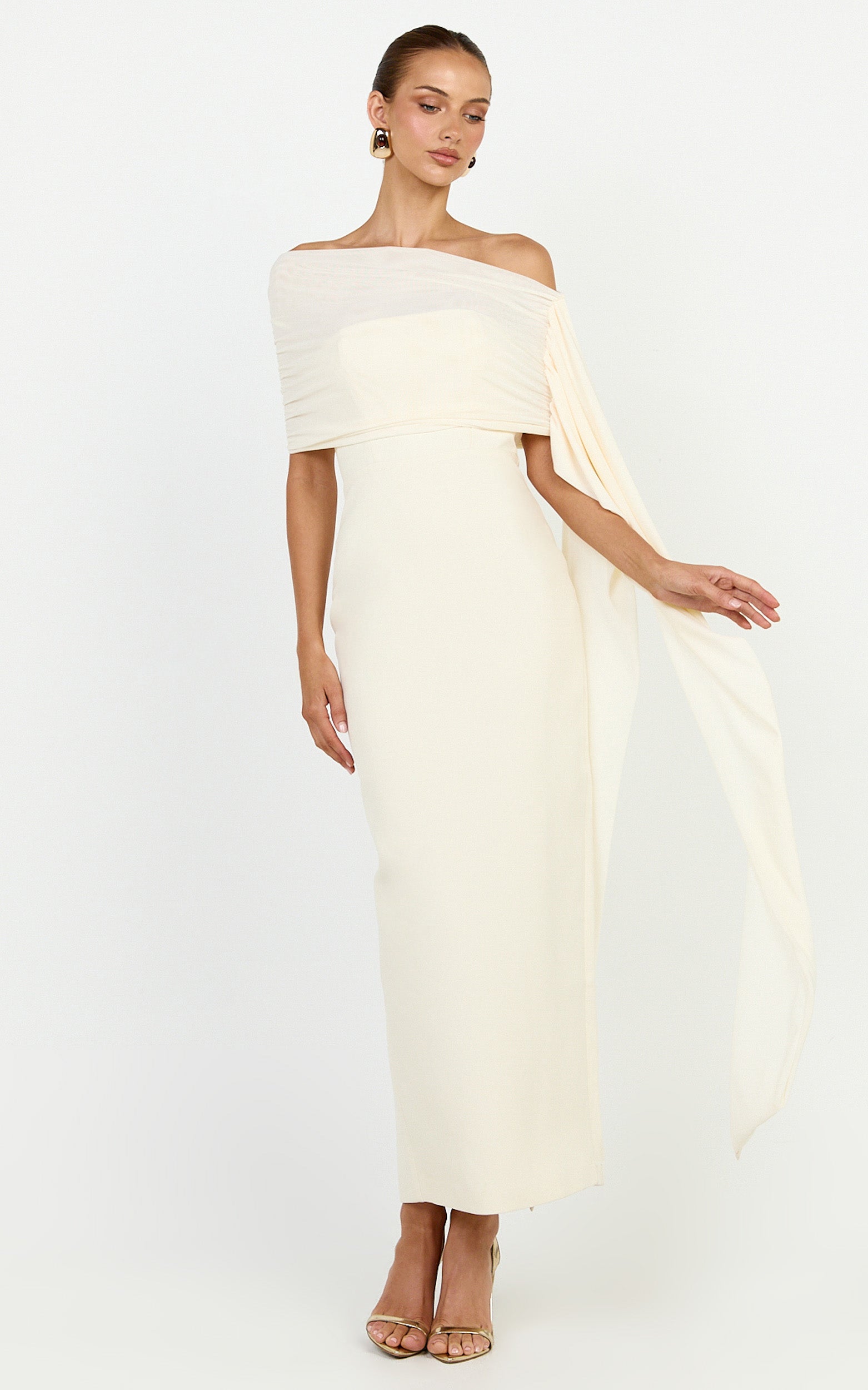 Elina Maxi Dress - Off Shoulder Contrast Mesh Draped Overlay Dress in Cream - View 7