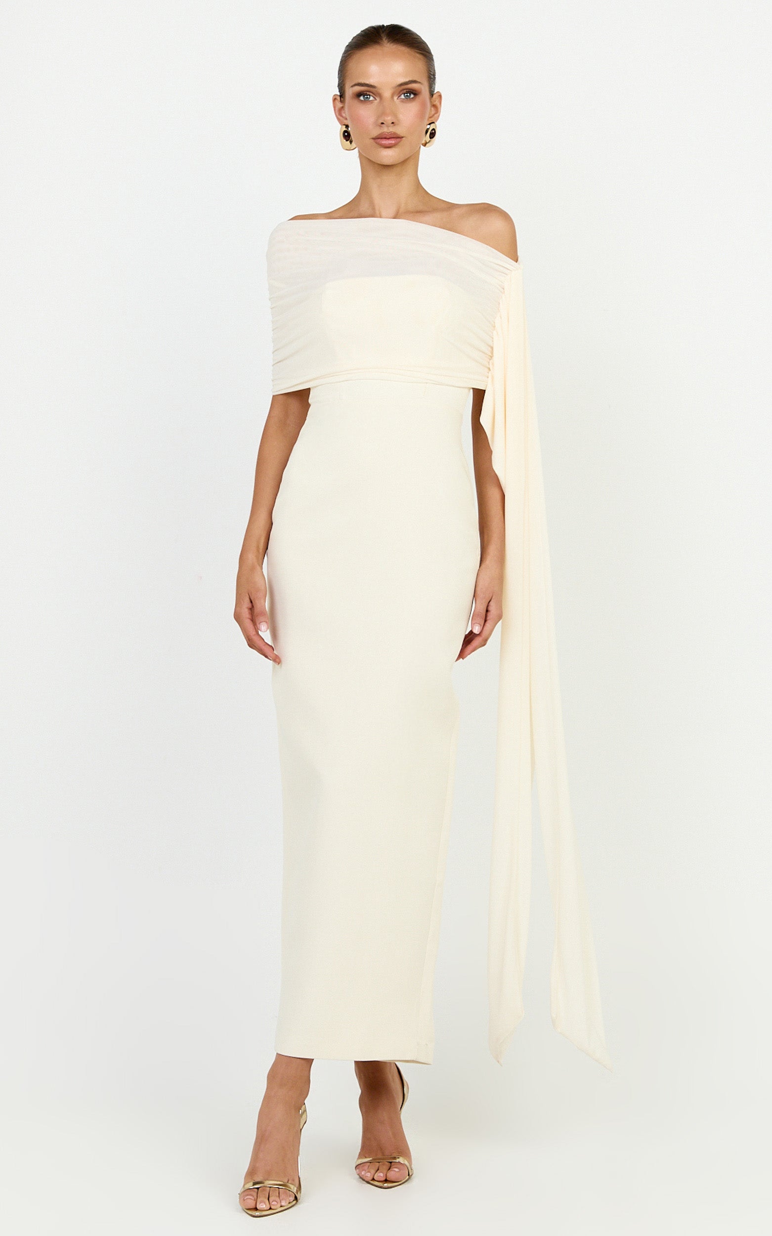 Elina Maxi Dress - Off Shoulder Contrast Mesh Draped Overlay Dress in Cream - View 5