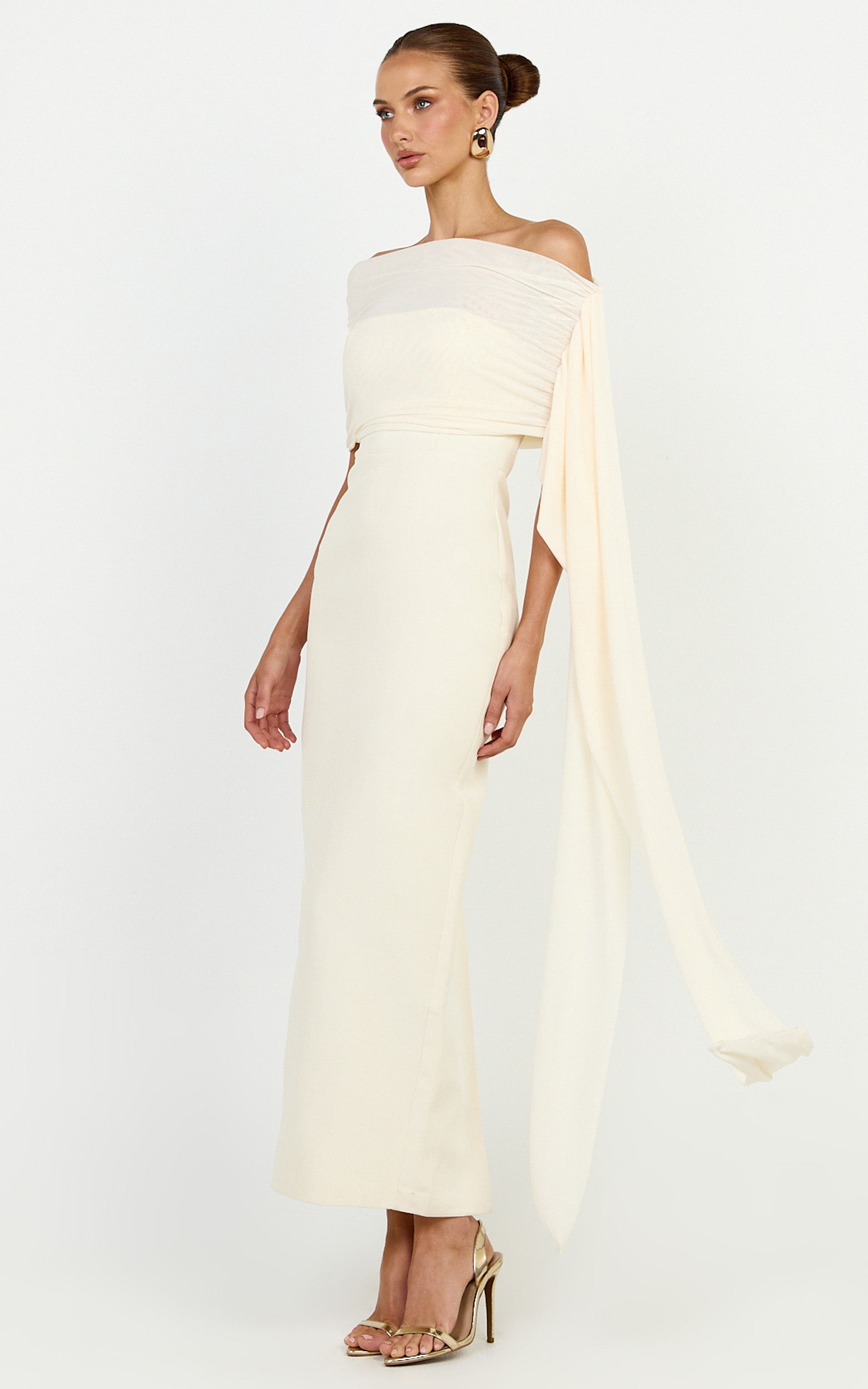 Elina Maxi Dress - Off Shoulder Contrast Mesh Draped Overlay Dress in Cream - View 3