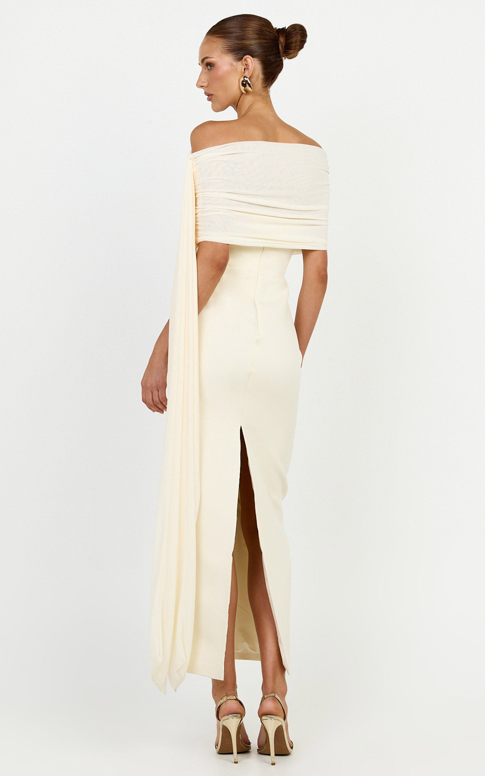 Elina Maxi Dress - Off Shoulder Contrast Mesh Draped Overlay Dress in Cream - View 8