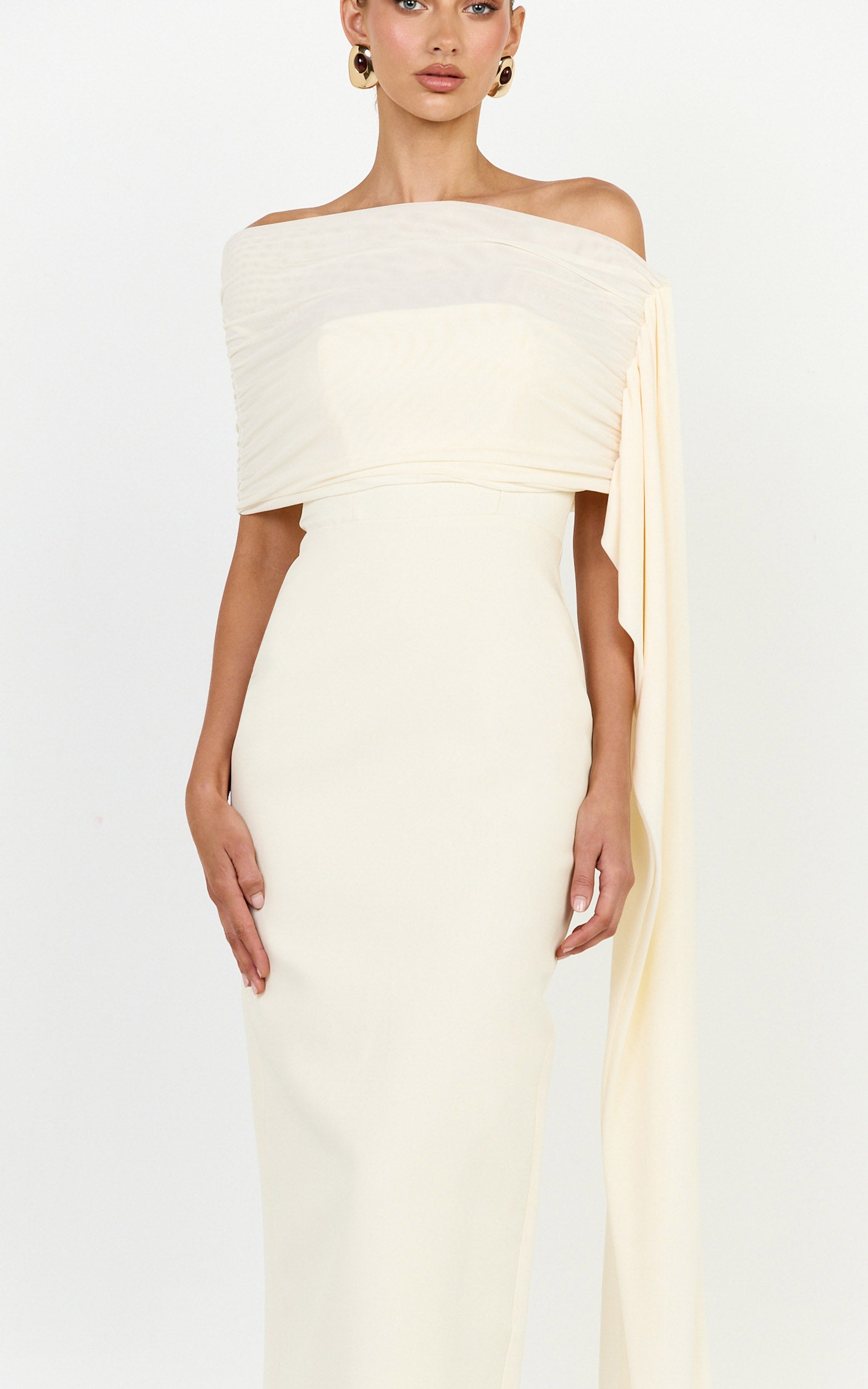 Elina Maxi Dress - Off Shoulder Contrast Mesh Draped Overlay Dress in Cream - View 9